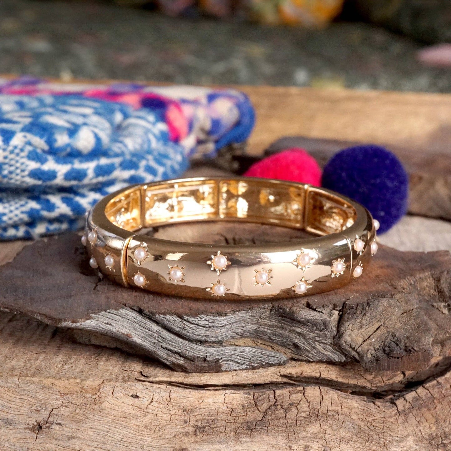 Gold-Tone Eternity Stretch Bangle – Pearls, Turquoise, or Crystals: Wide - Turquoise