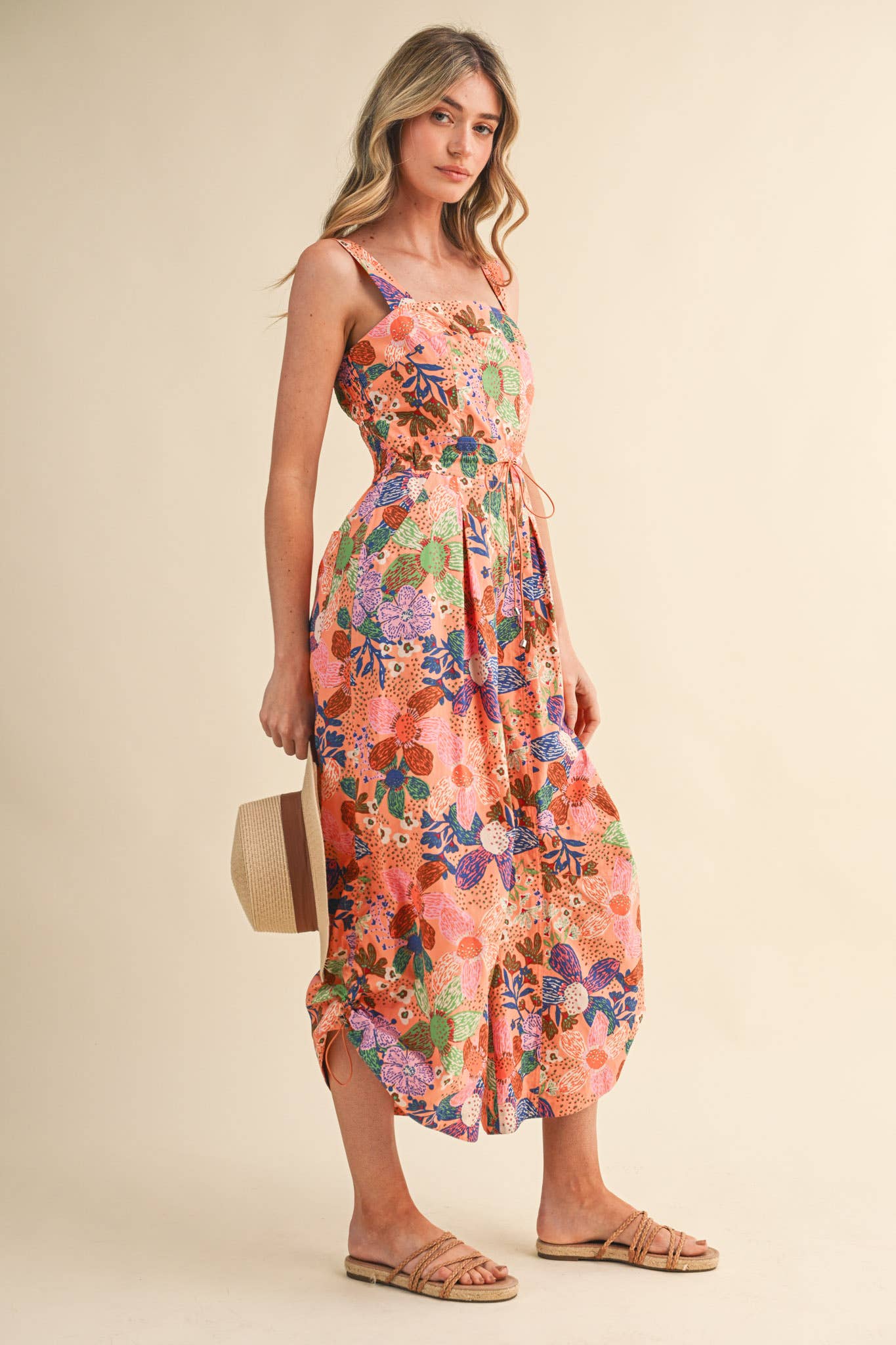 EXCLUSIVE FLORAL PLEATED CROPPED WIDE LEG JUMPSUIT MP4967: CORAL MULTI / S