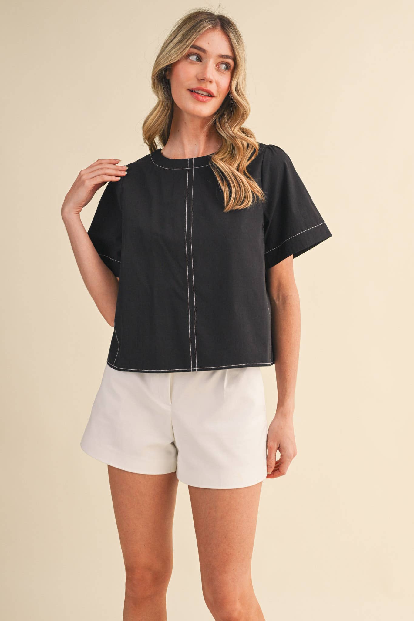 SEAM DETAIL SHORT SLEEVE BOXY TOP MTP4795: APPLE GREEN / L