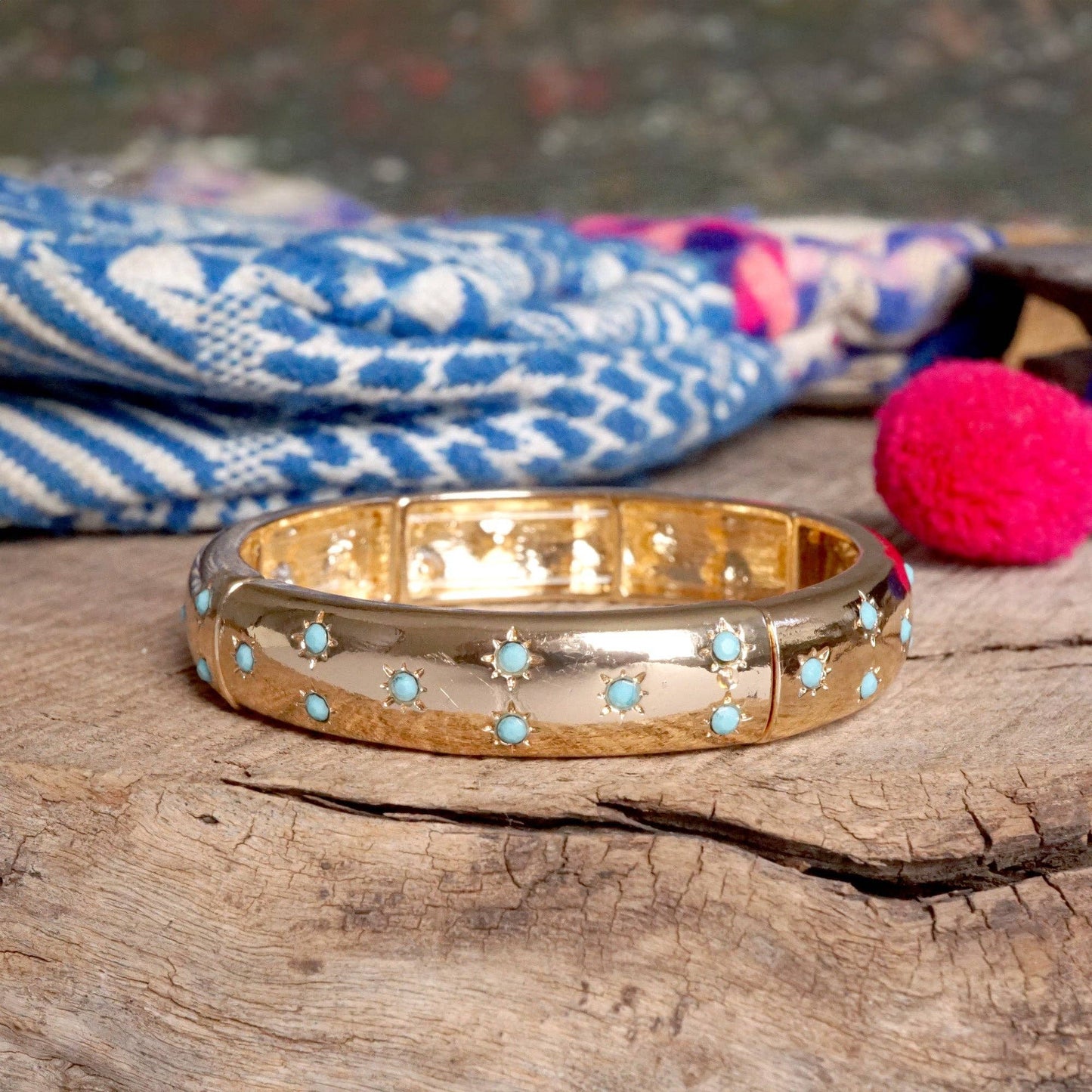 Gold-Tone Eternity Stretch Bangle – Pearls, Turquoise, or Crystals: Wide - Turquoise