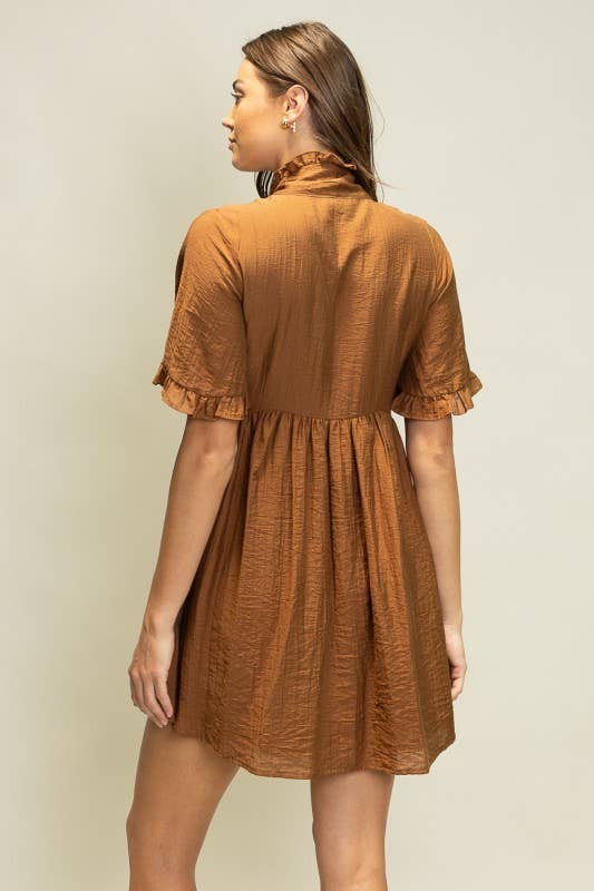 JOD1247 Crinkle Texture Mini Dress with Ruffle Neck Tie: COCOA / S-M-L (2-2-2)