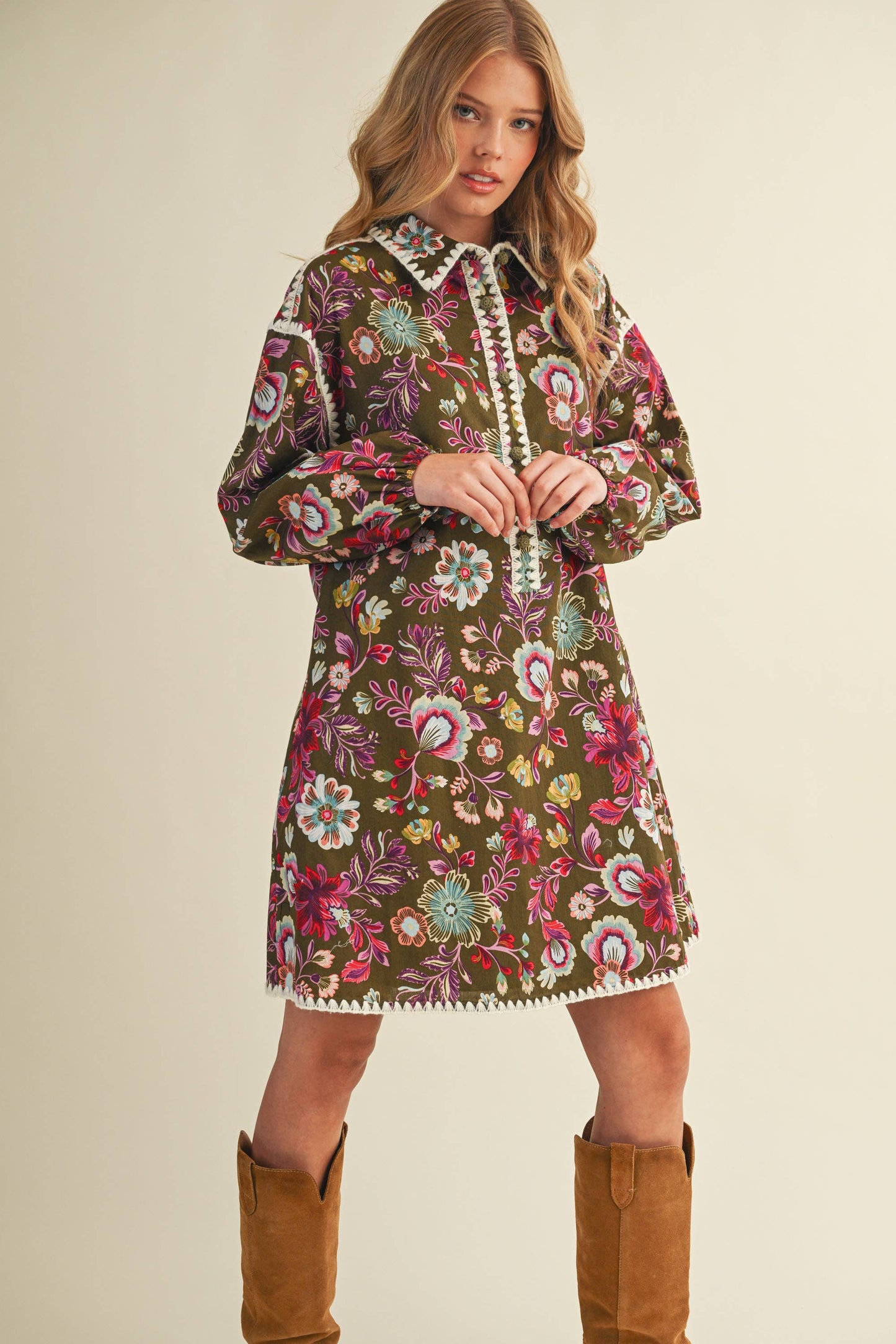 EXCLUSIVE PRINT BLANKET STITCH BUTTONED MINI DRESS MDR4298: Cream Multi / M