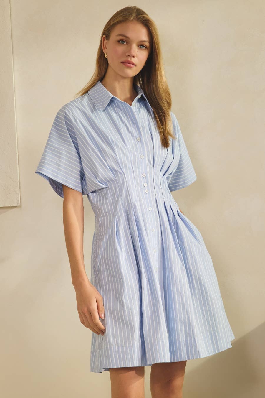 Striped Short-sleeve Shirt Dress: Apple Green / L