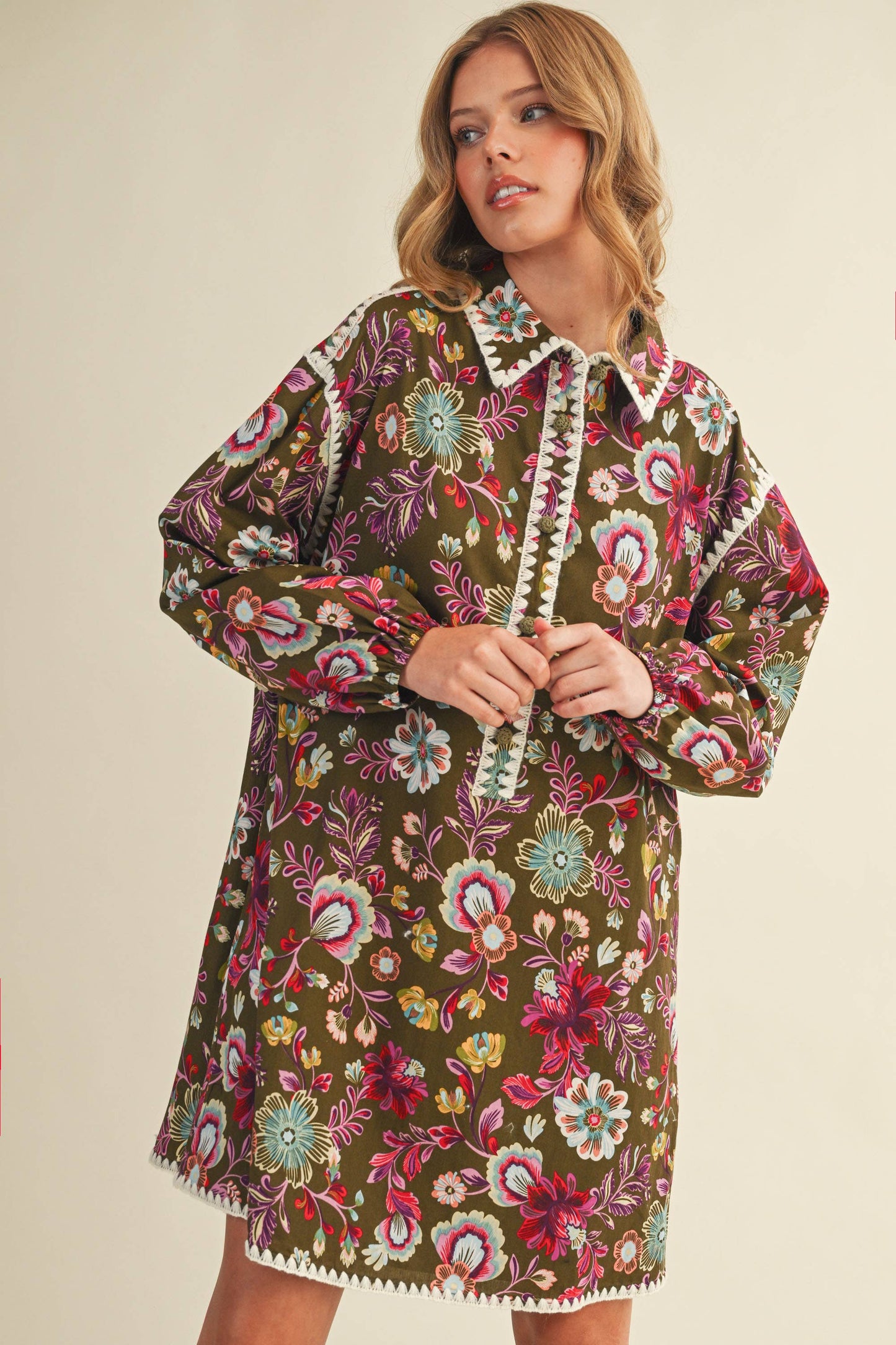 EXCLUSIVE PRINT BLANKET STITCH BUTTONED MINI DRESS MDR4298: Cream Multi / M
