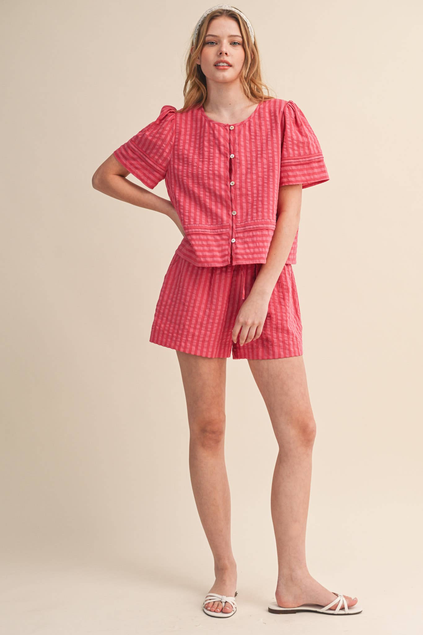 STRIPED BUTTON UP TOP AND SHORTS SET MPST4488: BLUE SAGE STRIPE / L