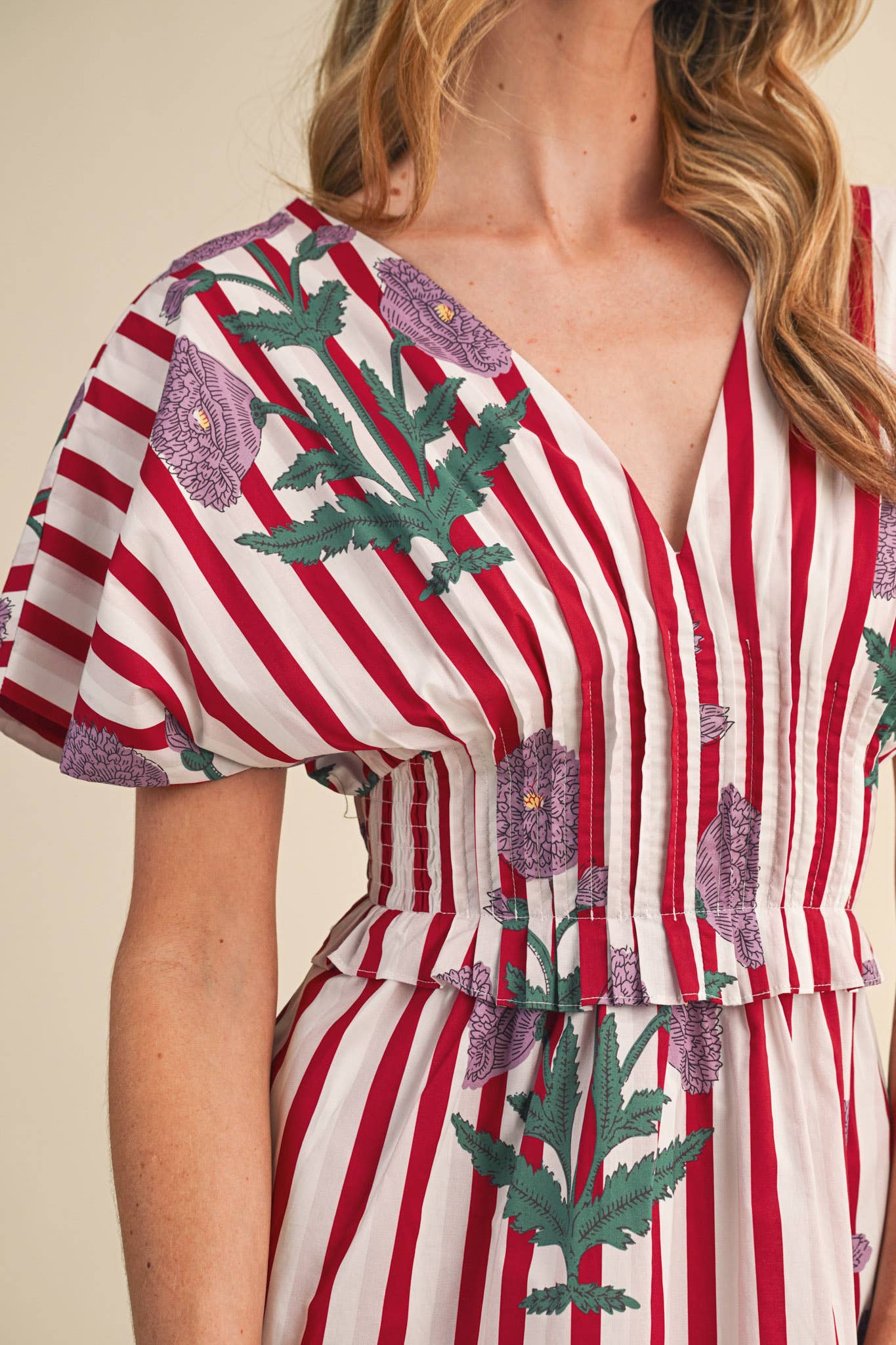 STRIPED FLORAL PIN TUCK WAIST MIDI DRESS MDR4787: BLUE FLORAL STRIPE / S