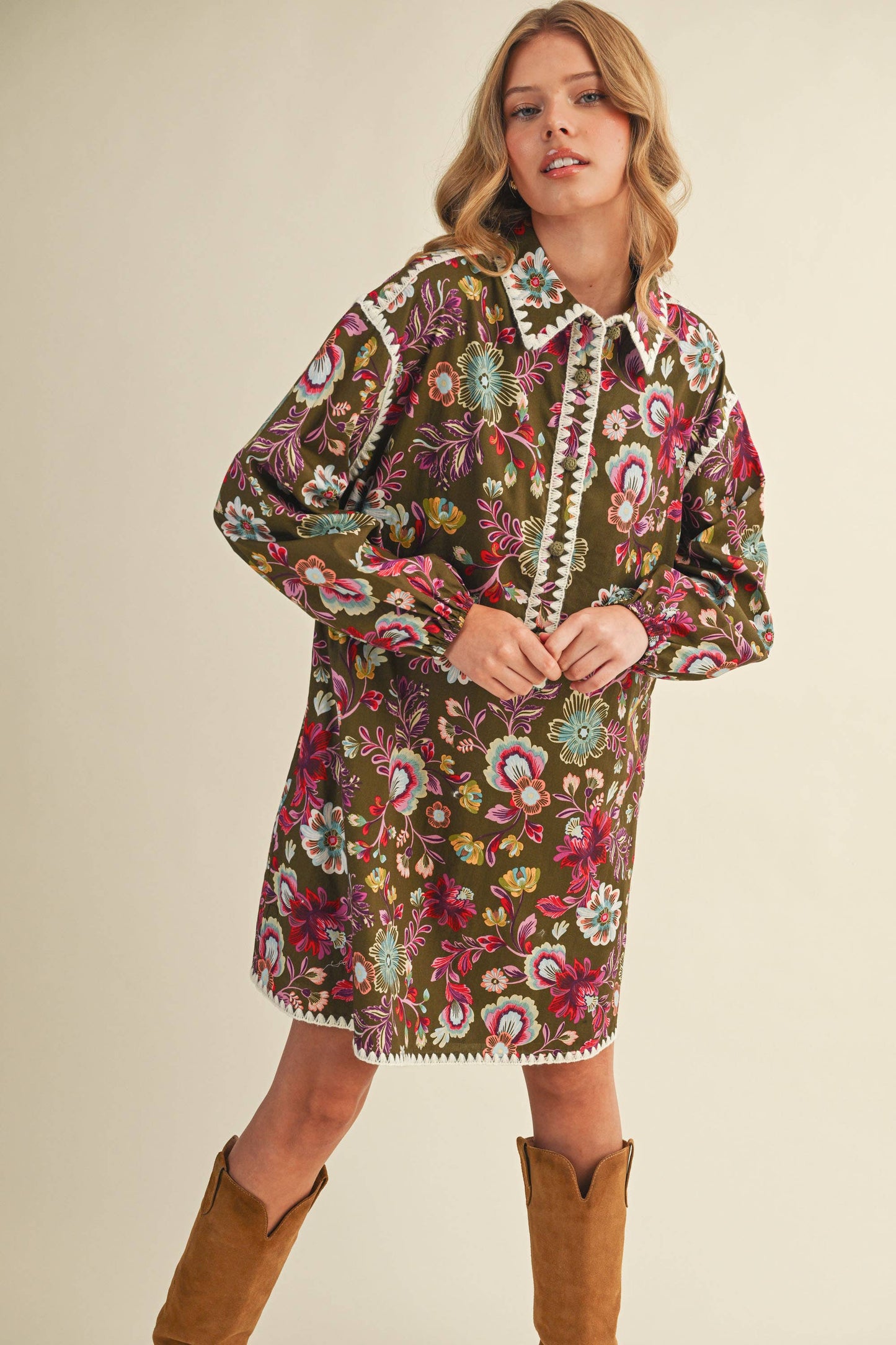 EXCLUSIVE PRINT BLANKET STITCH BUTTONED MINI DRESS MDR4298: Cream Multi / M