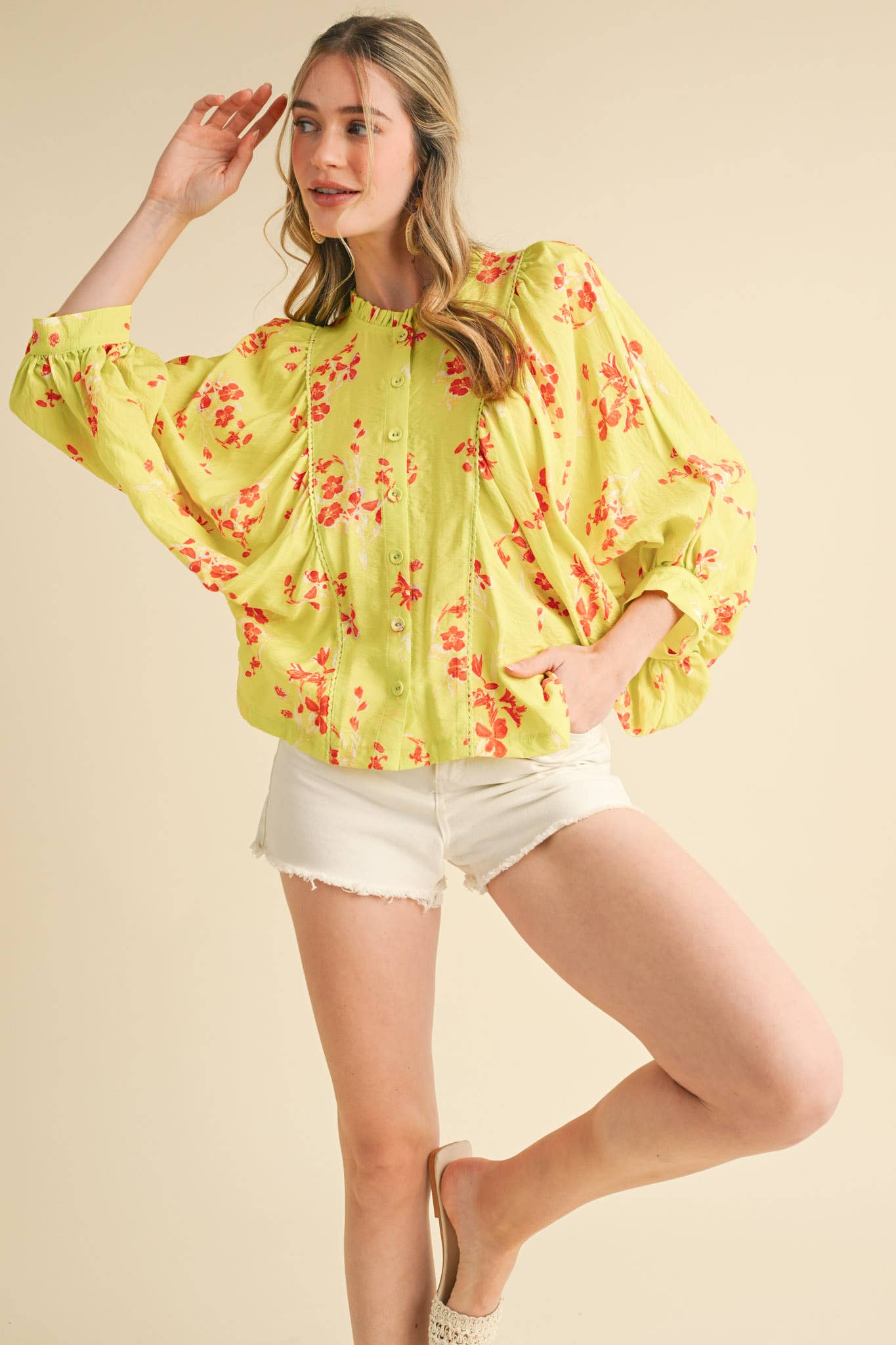 EXCLUSIVE PRINT FLORAL DOLMAN SLEEVE BLOUSE MTP3871: Electric Blue Floral / L