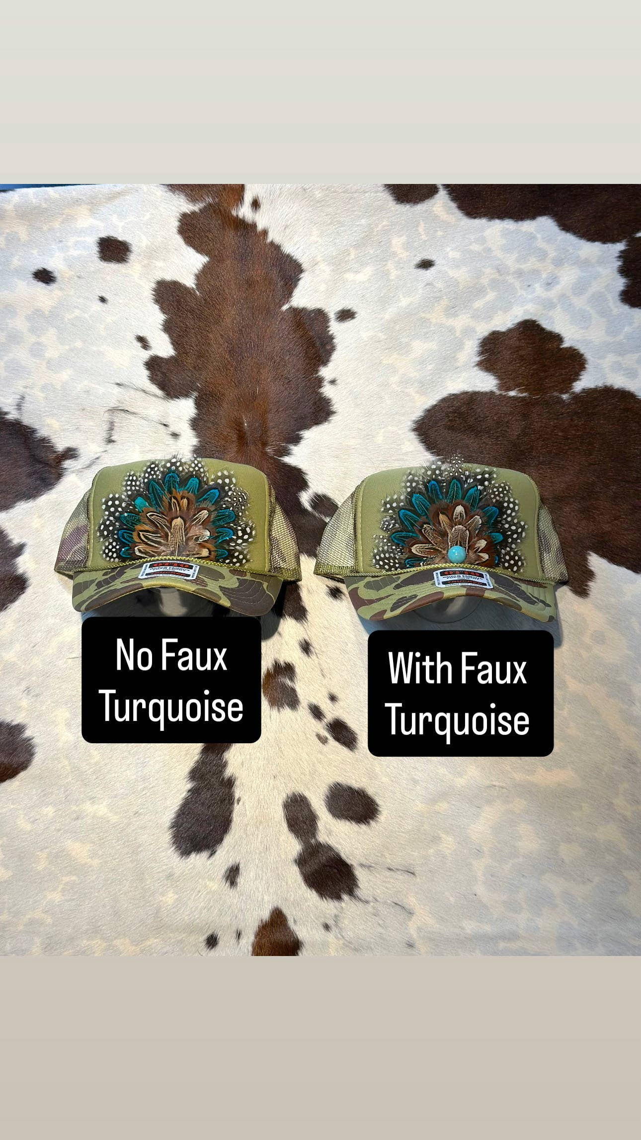 GREEN CAMO CAMOUFLAGE FEATHER TRUCKER HAT: With Faux Turquoise / Feather 8