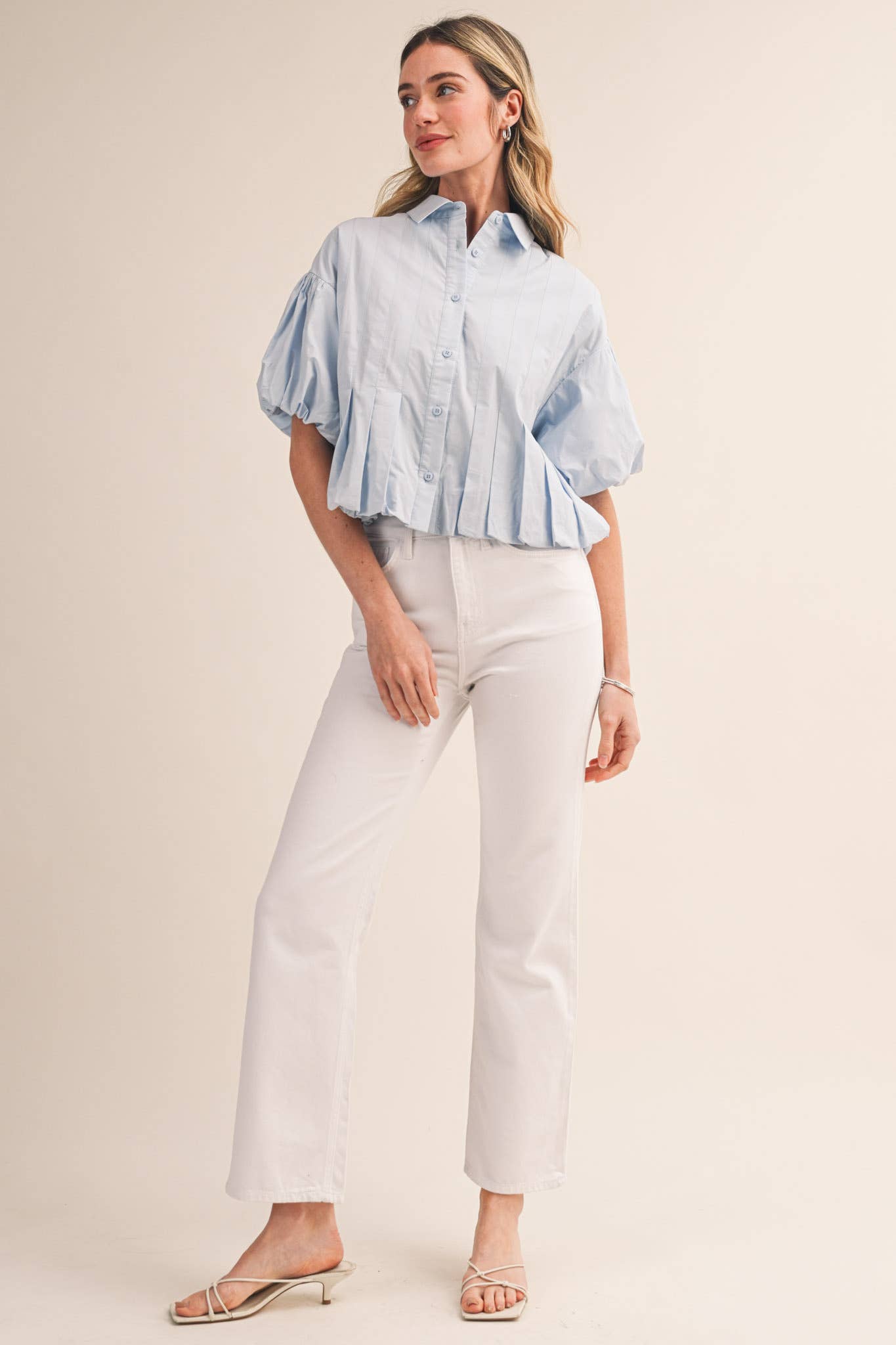 PLEATED BUBBLE HEM BUTTON DOWN TOP MTP4694: SKY BLUE / M