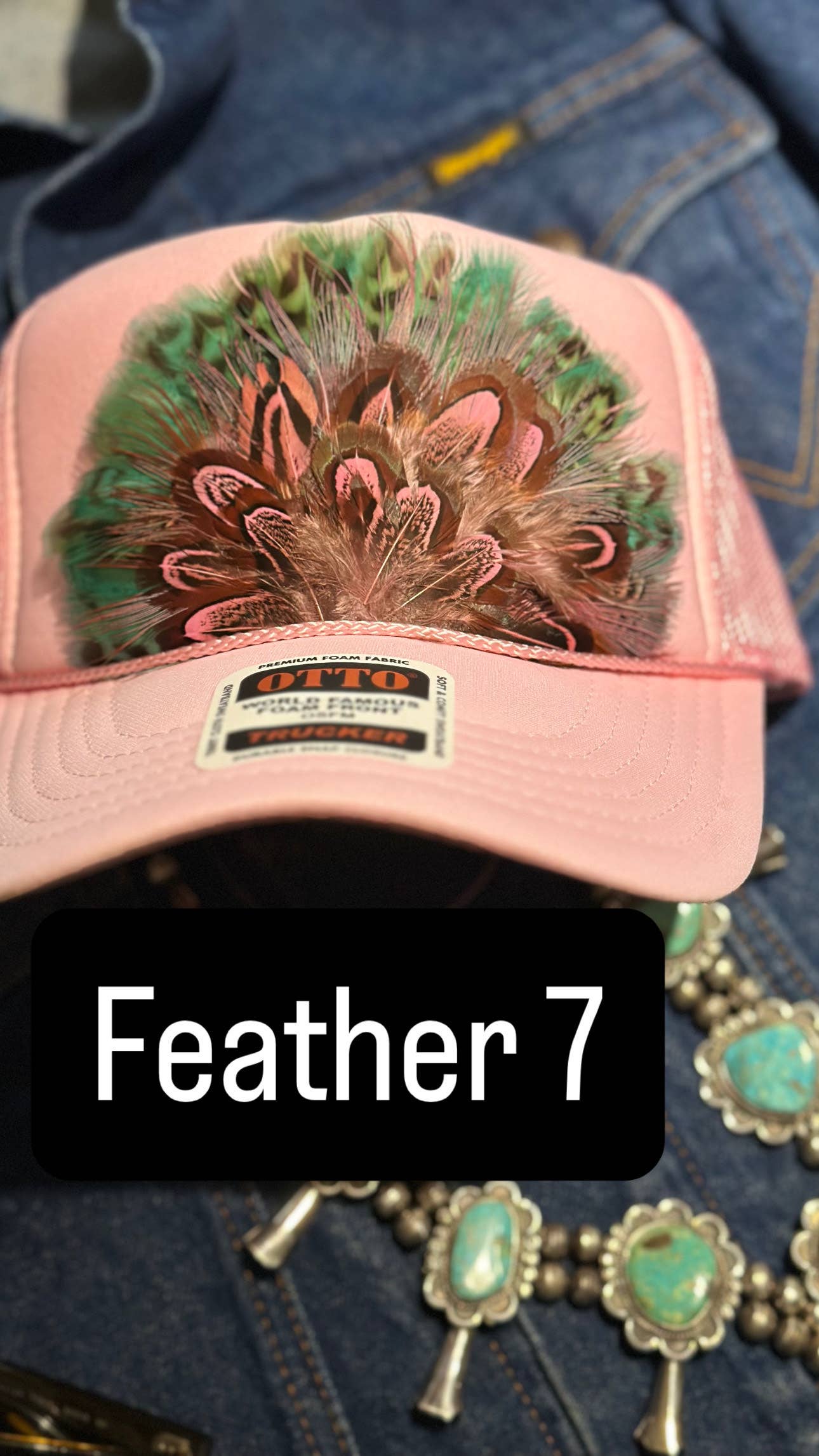 LIGHT PINK FEATHER TRUCKER HAT: No Faux Turquoise / Feather 9