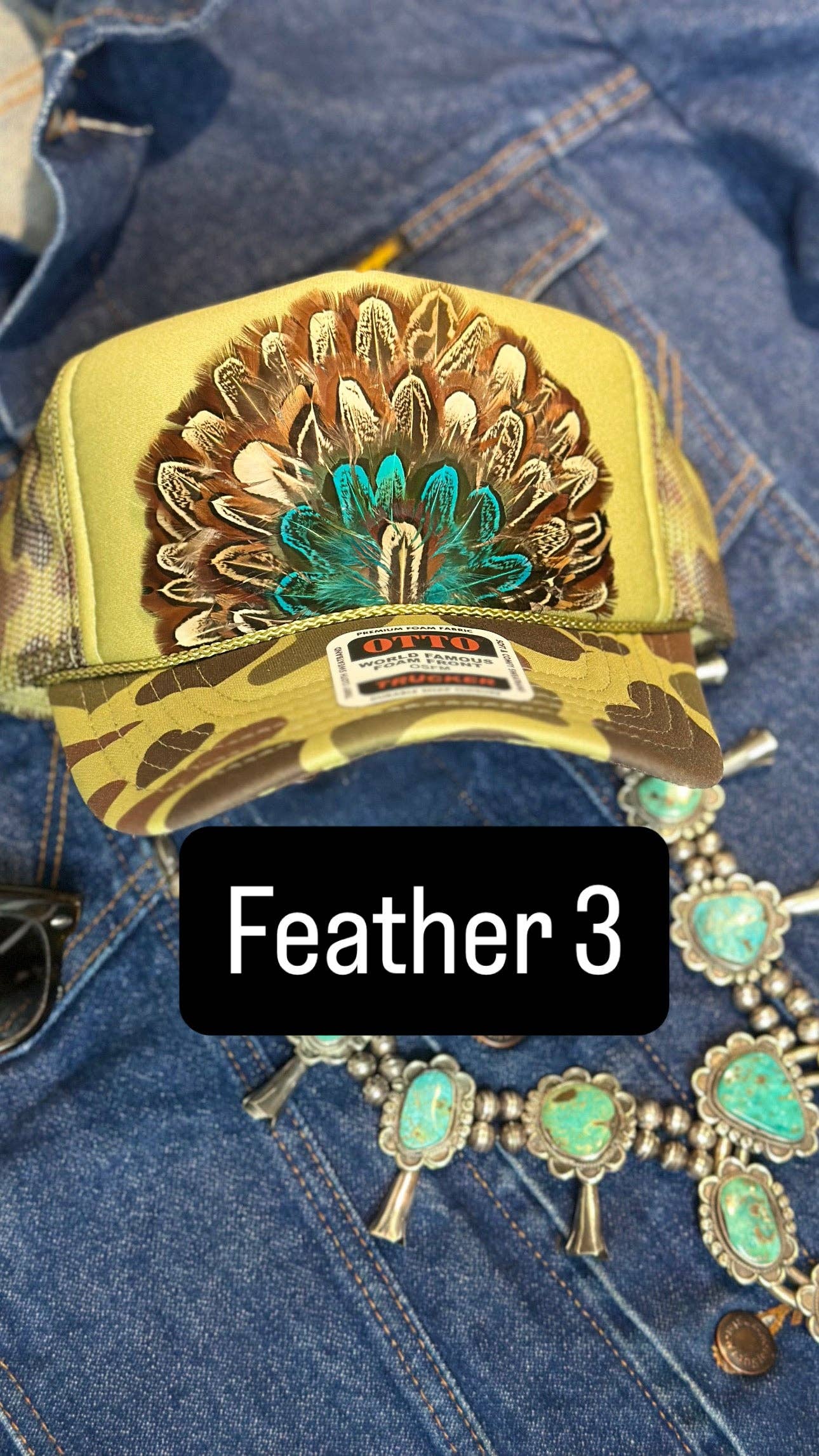 GREEN CAMO CAMOUFLAGE FEATHER TRUCKER HAT: With Faux Turquoise / Feather 8