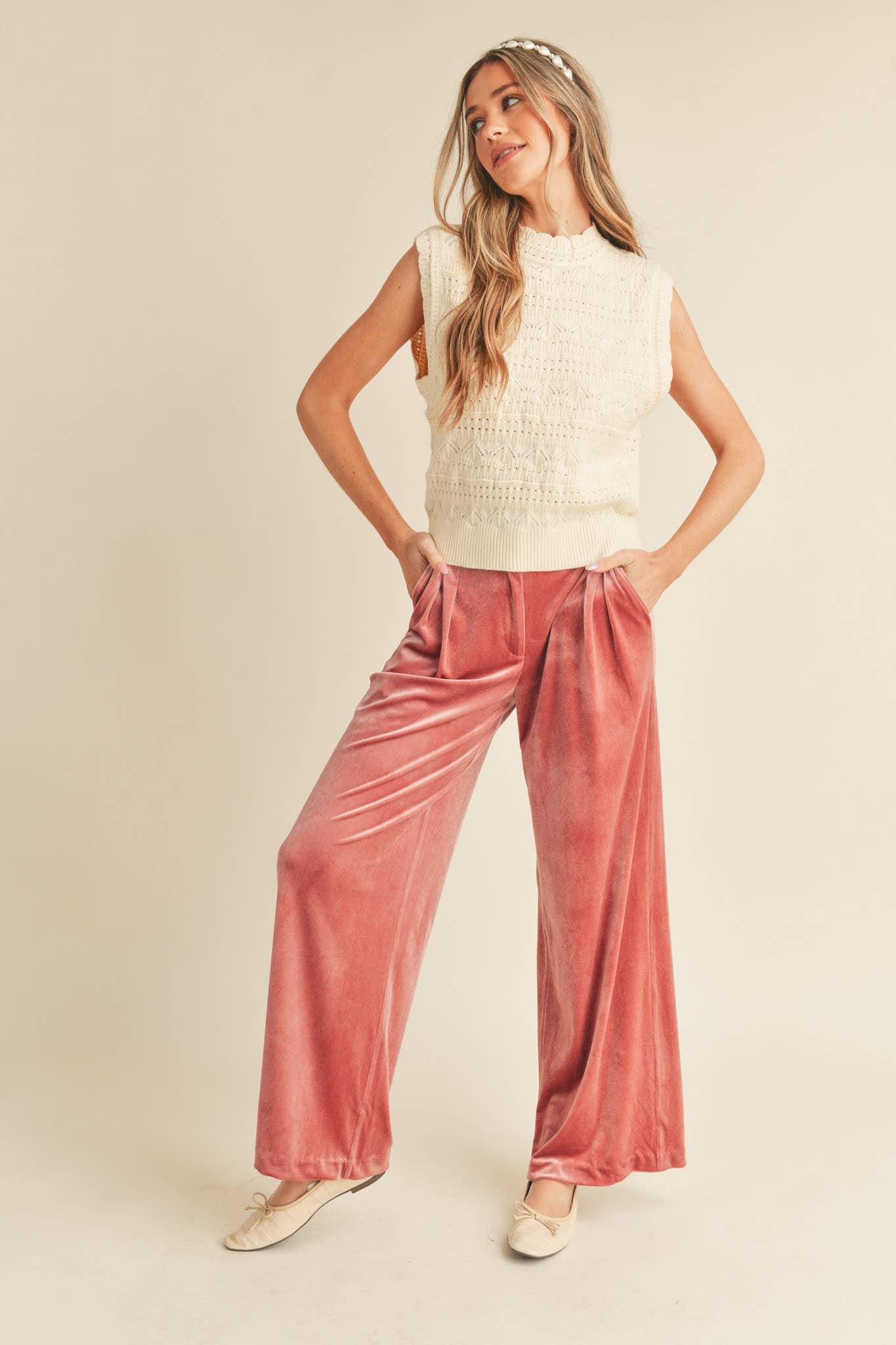 WIDE LEG VELVET TROUSERS MP2503: ROSE MAUVE / L