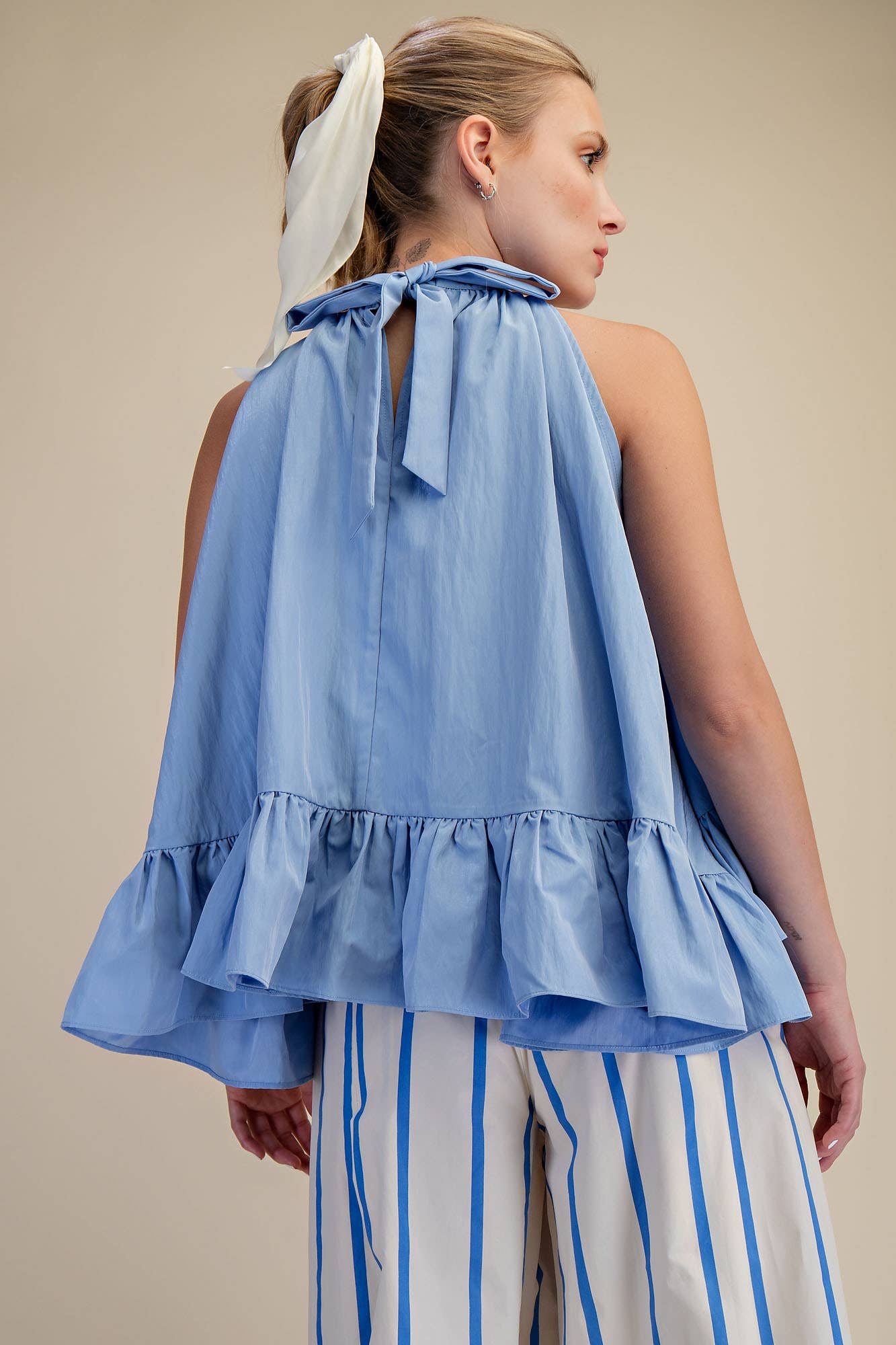 Halter Neck Sleeveless Back Neck Tie Ruffle Top: Hot Pink / L
