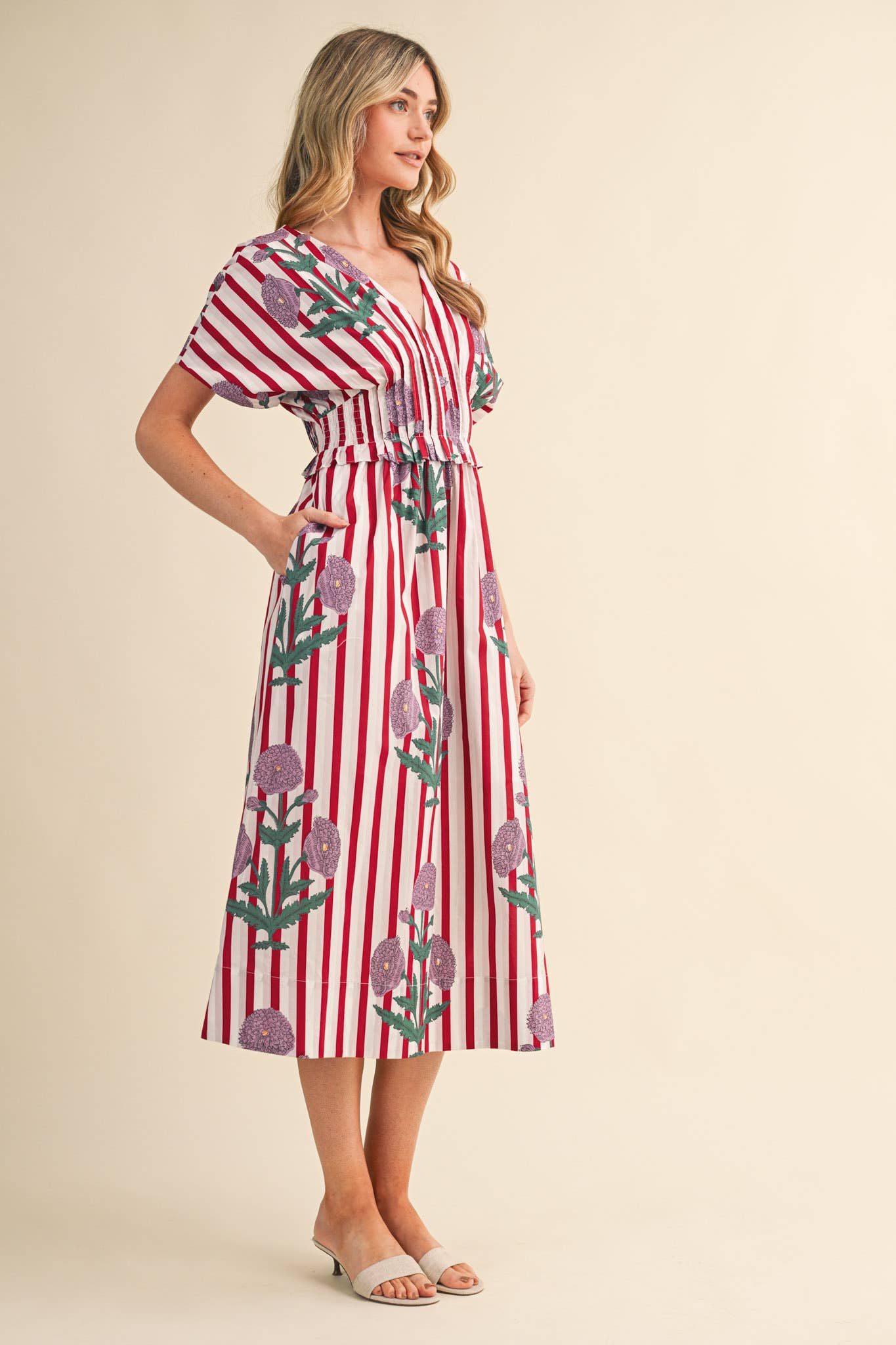 STRIPED FLORAL PIN TUCK WAIST MIDI DRESS MDR4787: BLUE FLORAL STRIPE / L