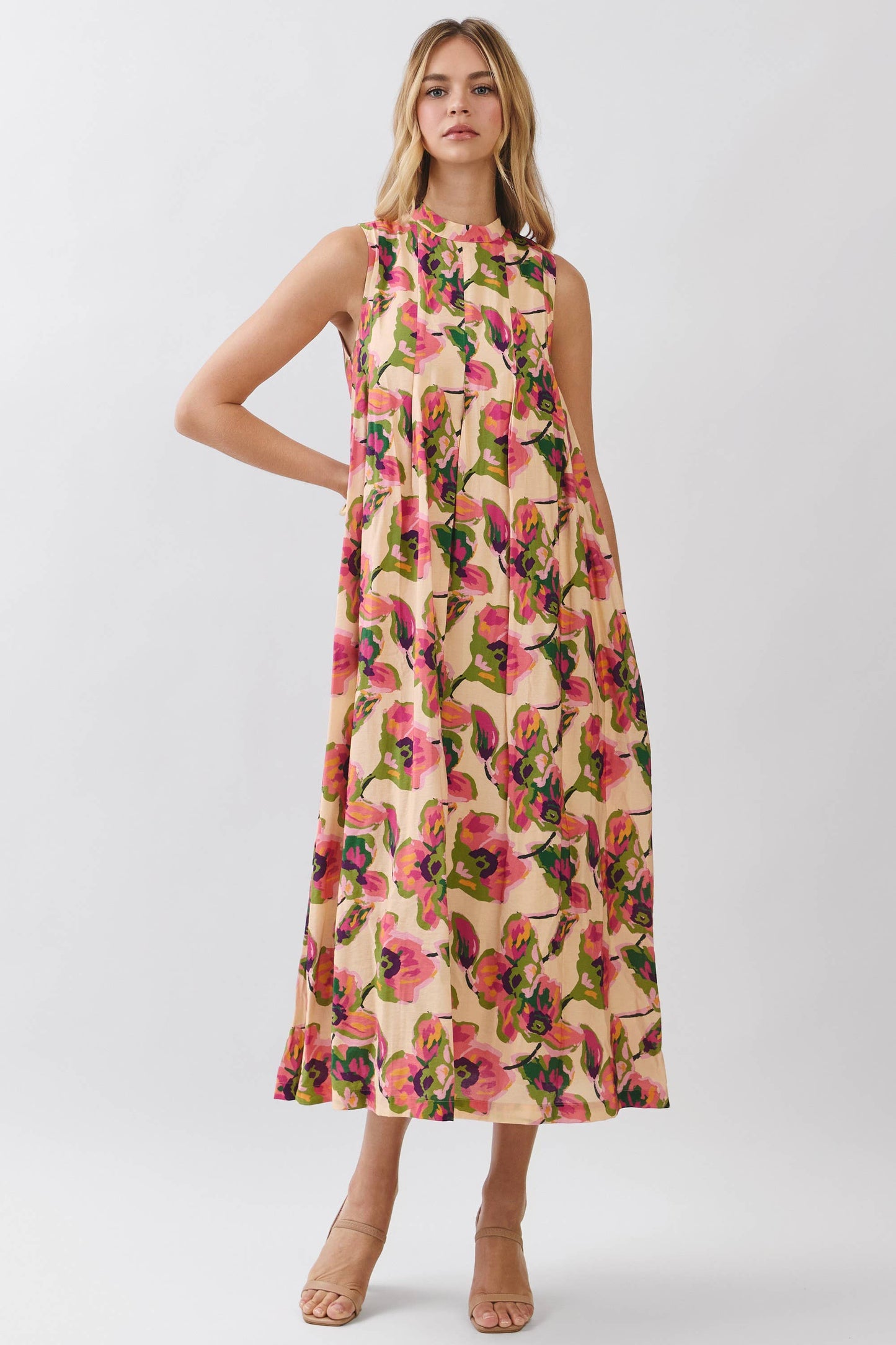 CD07219-Floral Print Sleeveless A Line Maxi Dress: MULTI / L