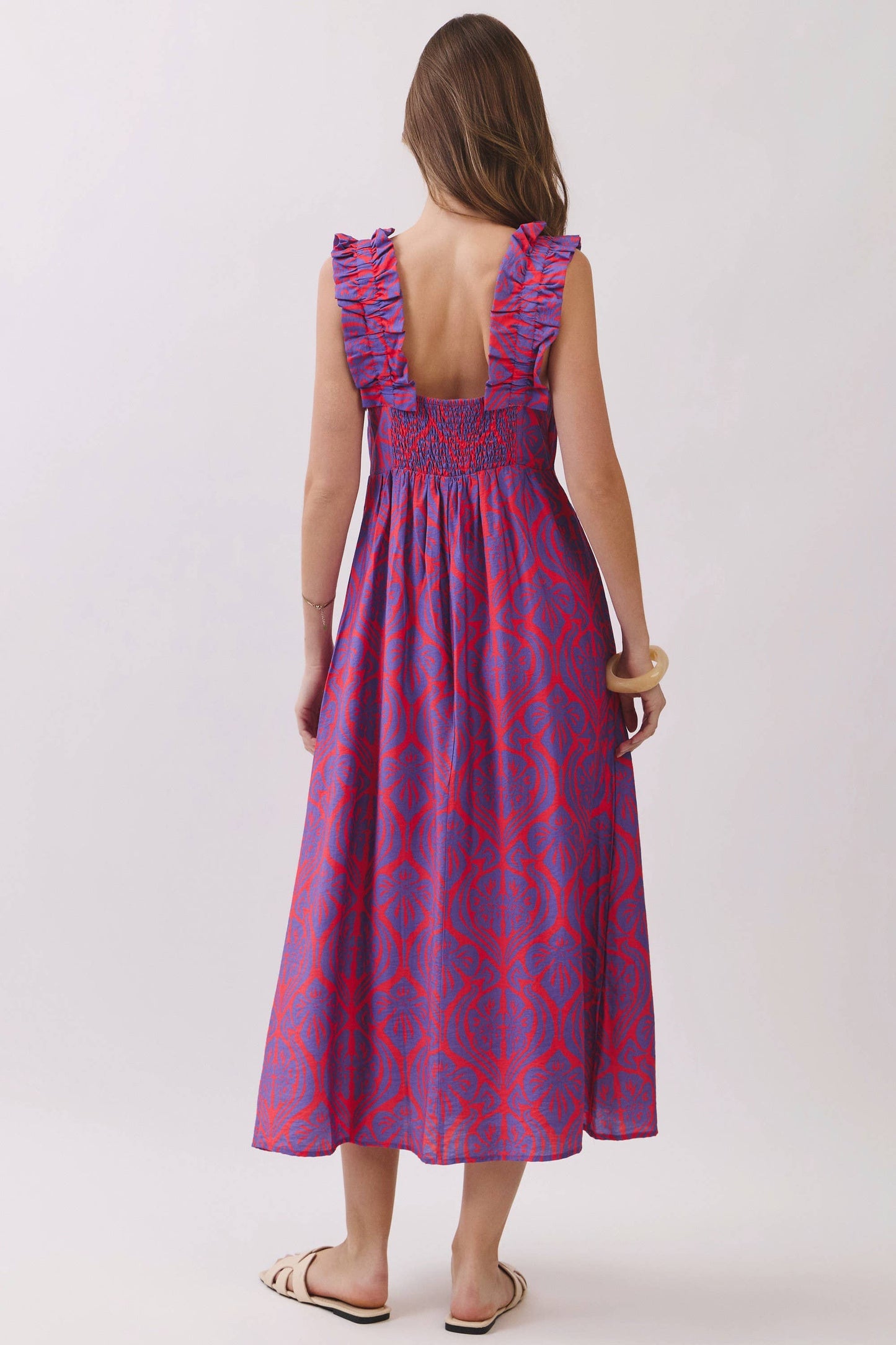 CD07126-Ruffle Strap Geometric Print Midi Dress: Red / L