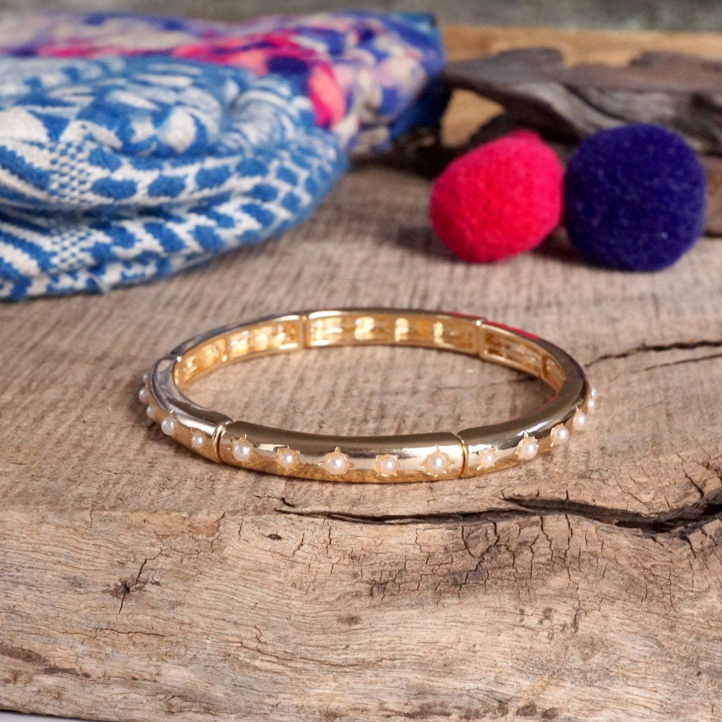 Gold-Tone Eternity Stretch Bangle – Pearls, Turquoise, or Crystals: Wide - Turquoise