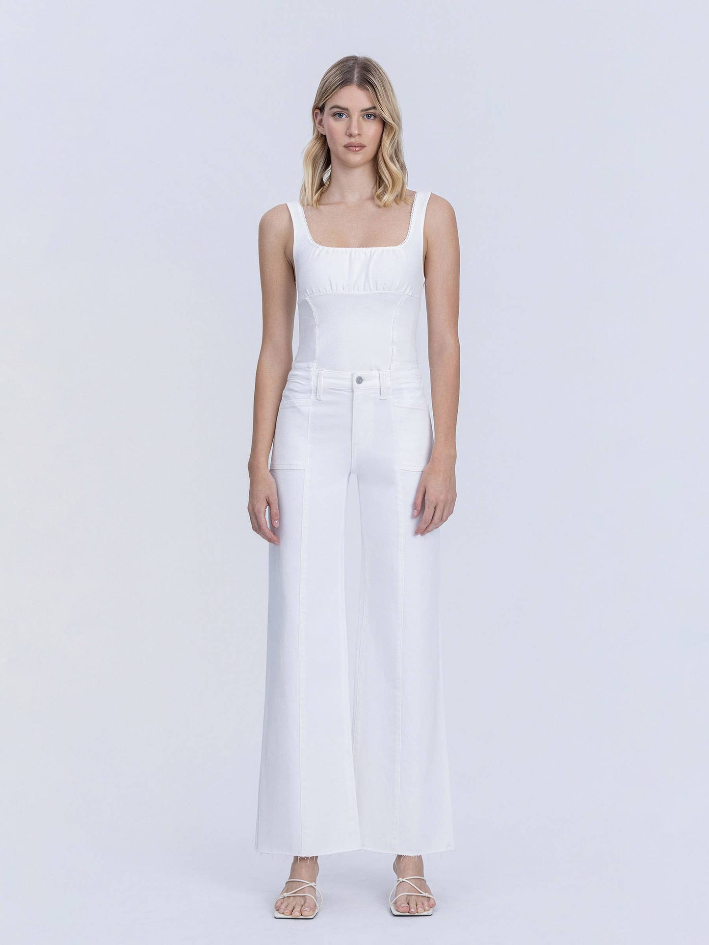 HIGH RISE STACKED WAISTBAND OPTIC WHITE WIDE JEANS T7252WH: OPTIC WHITE / 29