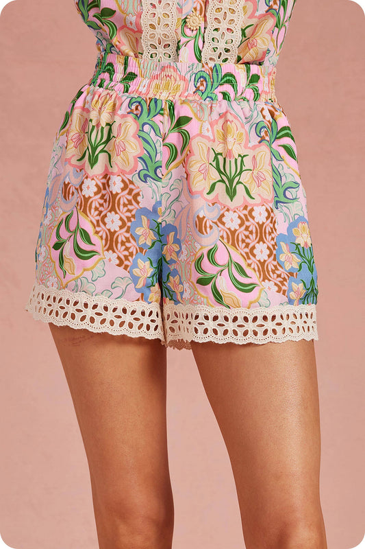 Garden Party Crochet Trim Satin Shorts: Multi / S