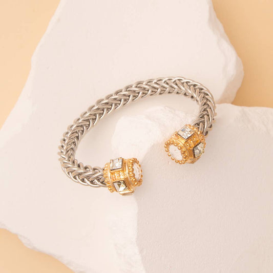 Twisted Metal Cuff Bracelet with Gold Tone Crystal Cap Ends: Gold Clear