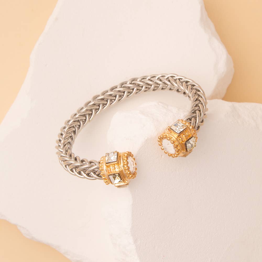 Twisted Metal Cuff Bracelet with Gold Tone Crystal Cap Ends: Black Gold