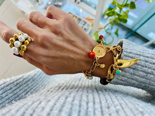 Gold charm summer bracelets with wood and turquoise beads: Wood beads