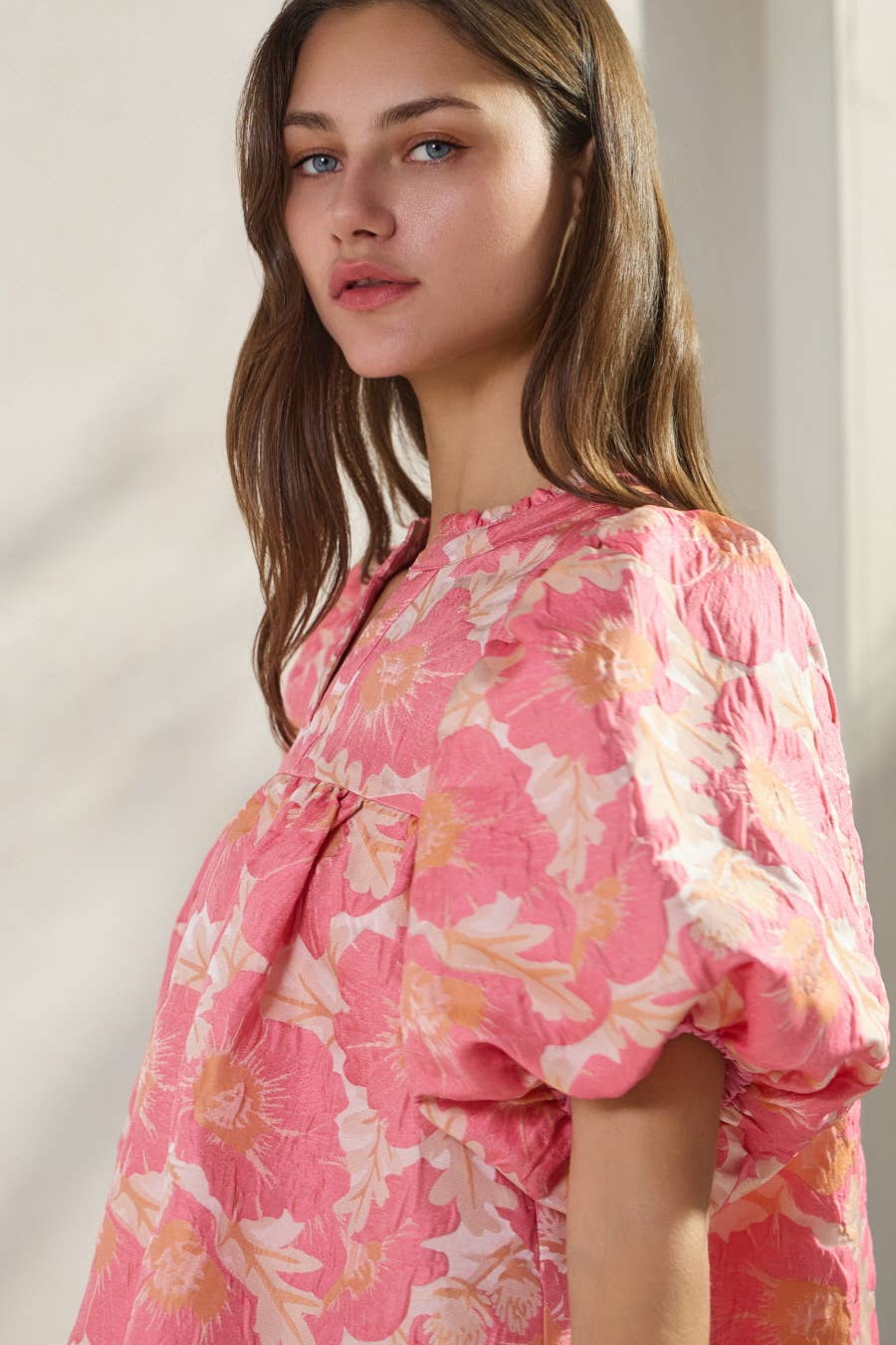 Plus Floral Satin Weave Jacquard Babydoll Top: Sage Pink / 2XL