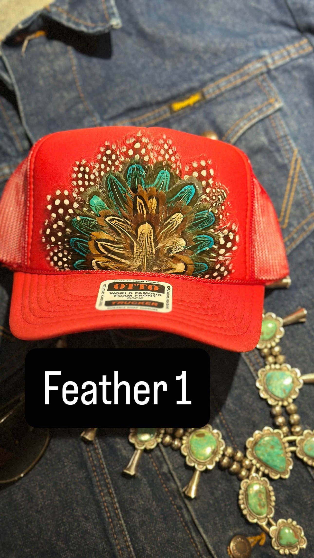 RED FEATHER TRUCKER HAT: No Faux Turquoise / Feather 2