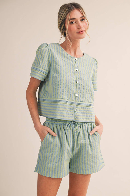 STRIPED BUTTON UP TOP AND SHORTS SET MPST4488: BLUE SAGE STRIPE / L