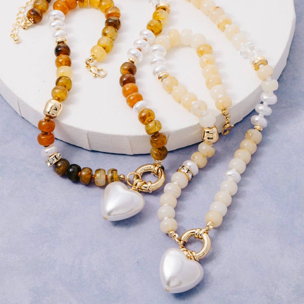 Pearl Heart Pendant Mixed Beaded Necklace: GDIVY