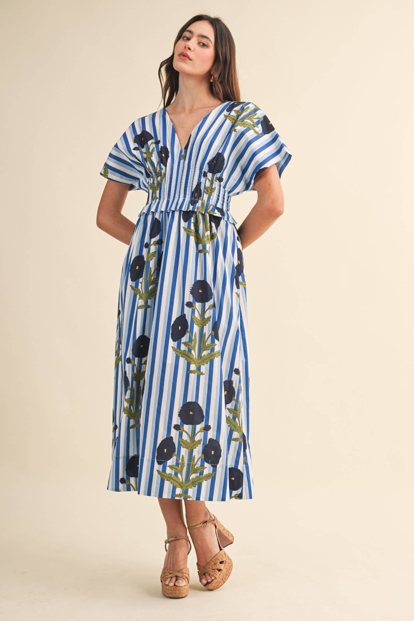 STRIPED FLORAL PIN TUCK WAIST MIDI DRESS MDR4787: BLUE FLORAL STRIPE / S