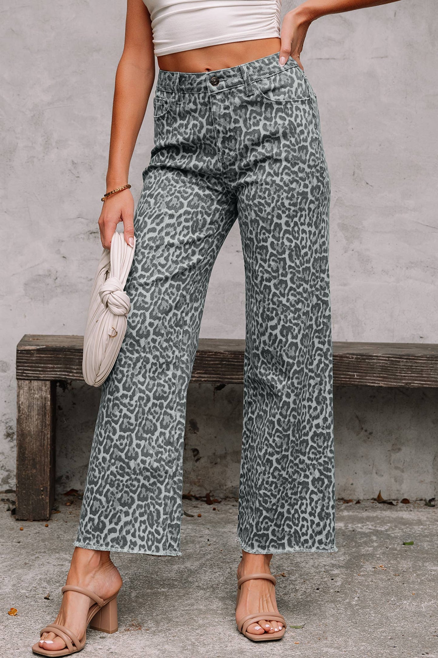 LDC Leopard Frayed Edge Wide Leg High Waist Jeans: Brown / 8