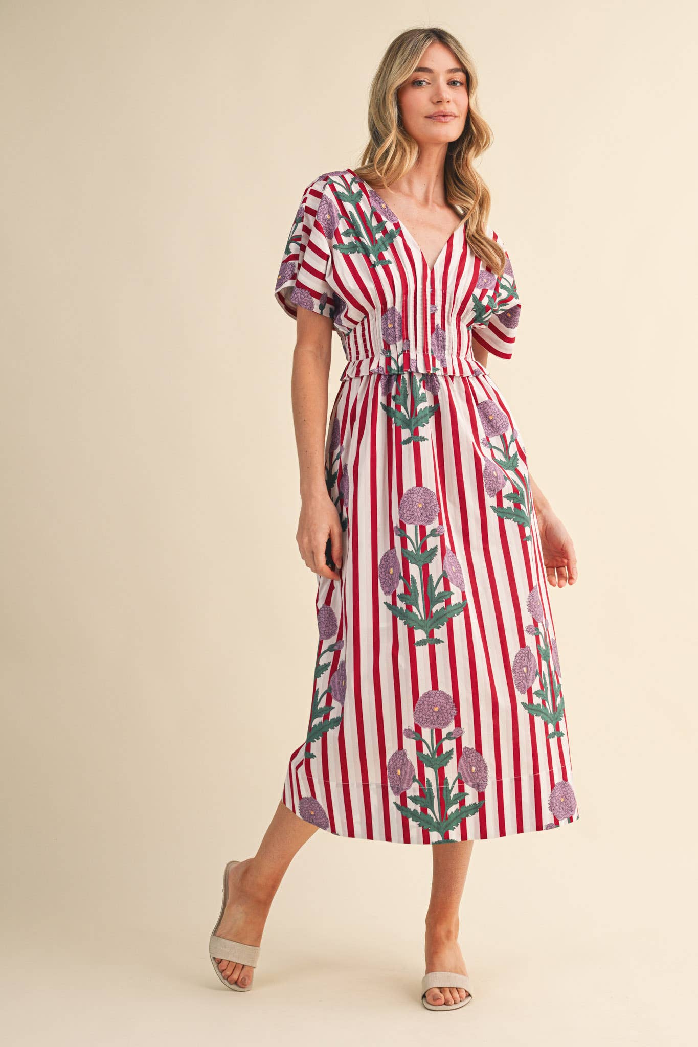 STRIPED FLORAL PIN TUCK WAIST MIDI DRESS MDR4787: BLUE FLORAL STRIPE / S