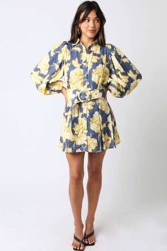 Eve Floral Belted Dress: Denim Gold / S
