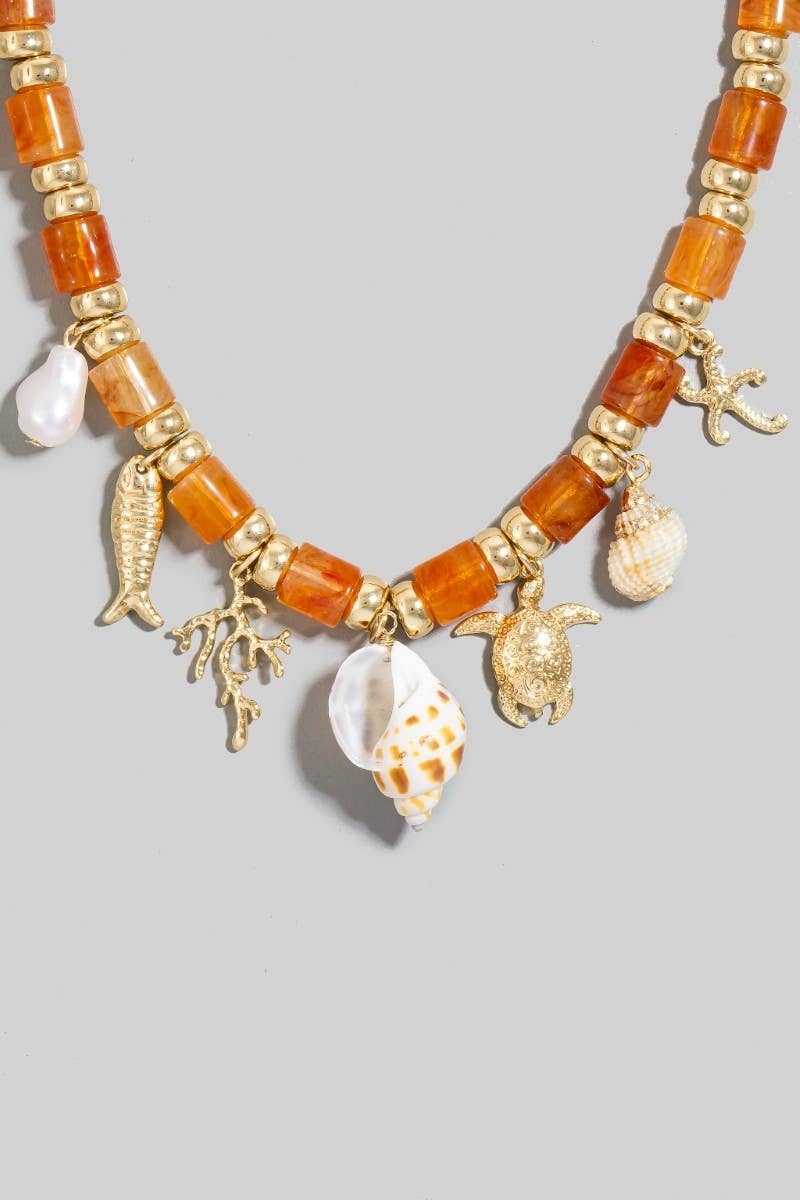 Sea Life And Pearl Charms Stone Beaded Necklace: GDIVY