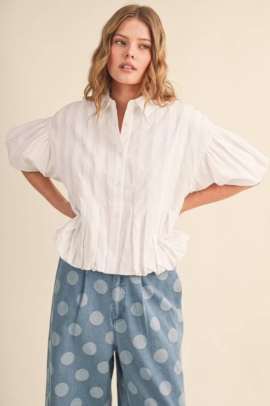 PLEATED BUBBLE HEM BUTTON DOWN TOP MTP4694: OFF WHITE / L