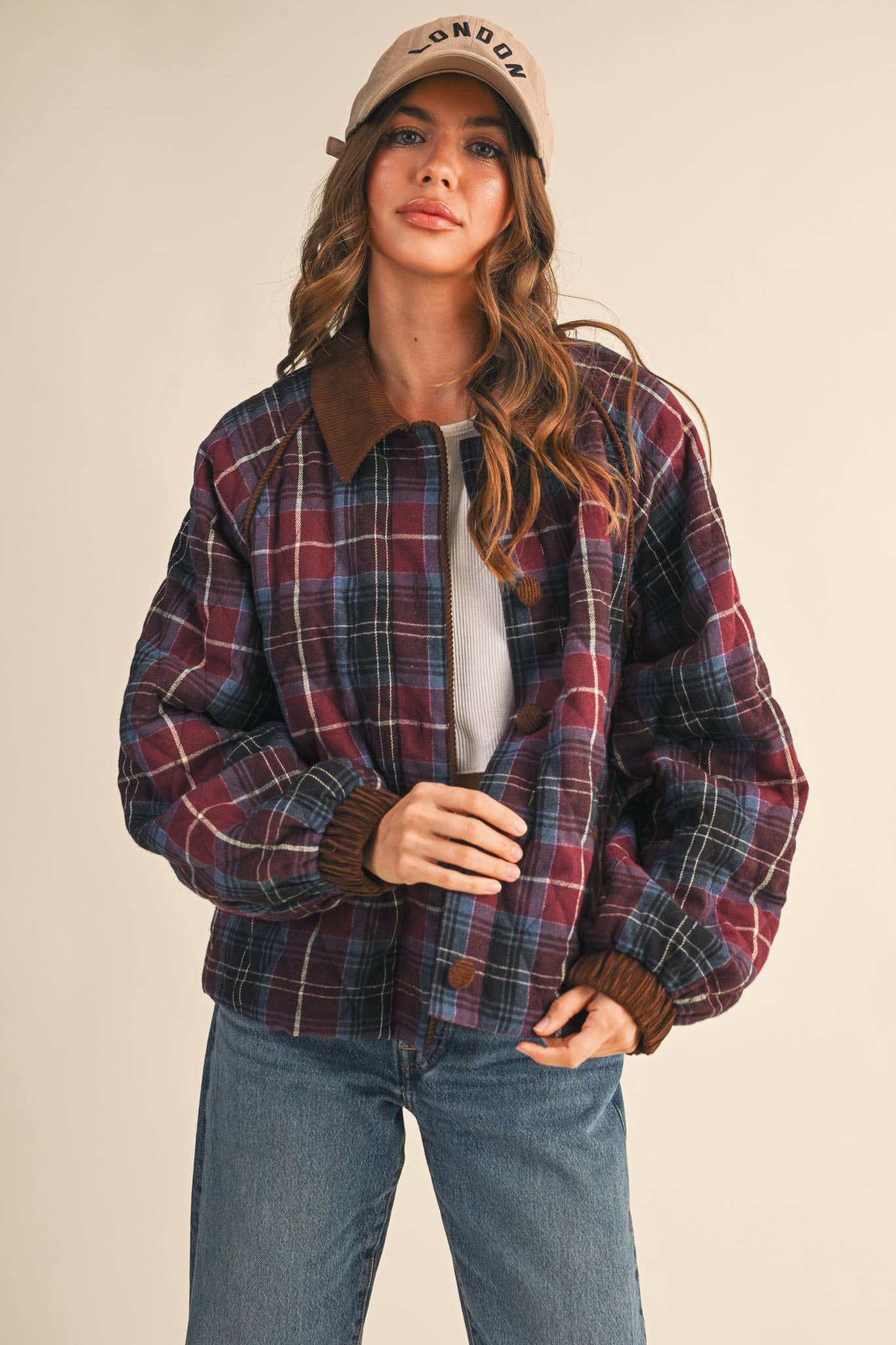 PLAID QUILTED JACKET WITH CONTRAST CORDUROY DETAIL MJK4115: Olive Multi Plaid / M