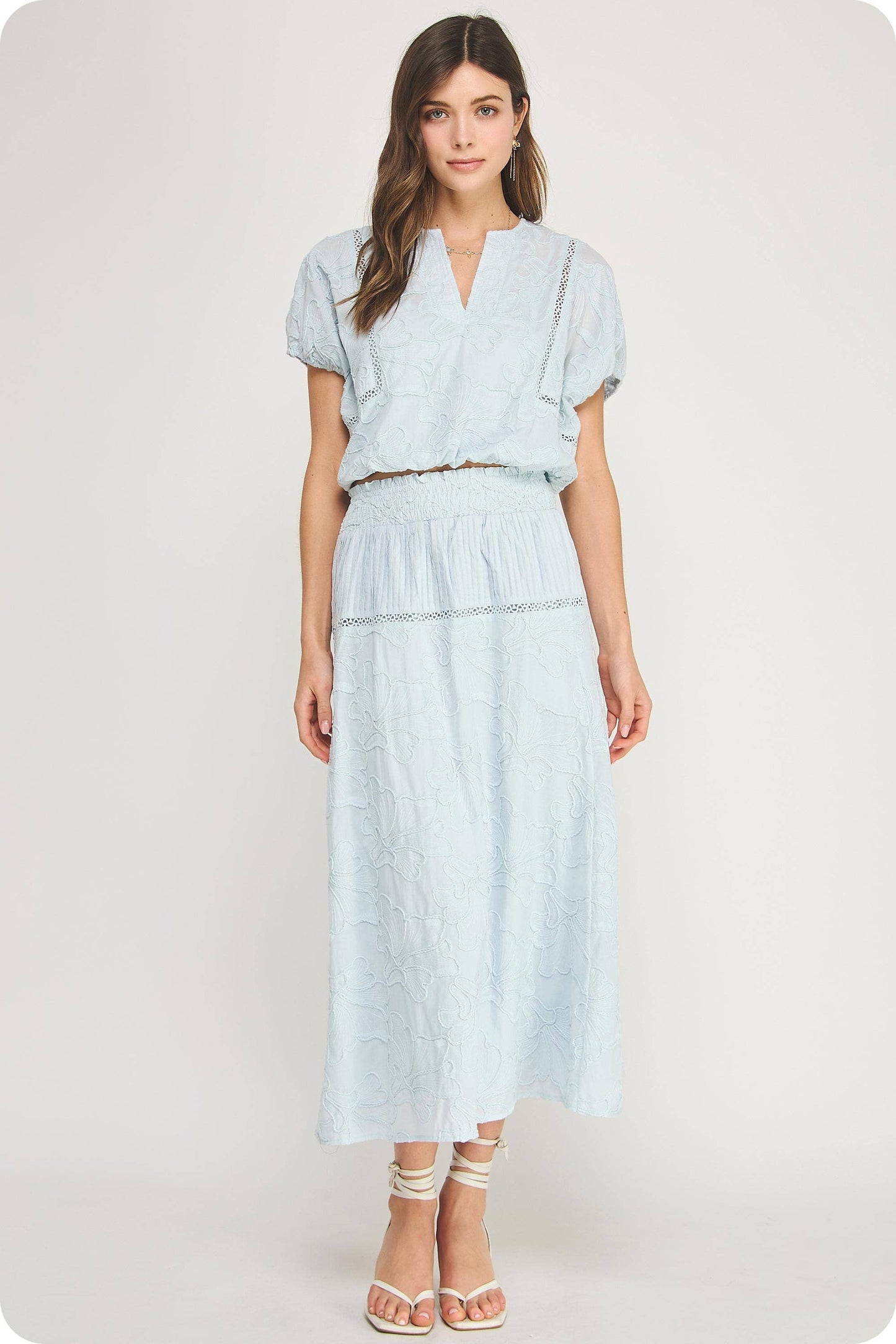 Floral Embroidery Cotton Lace Trim Skirt Top Set: Crystal Blue / M