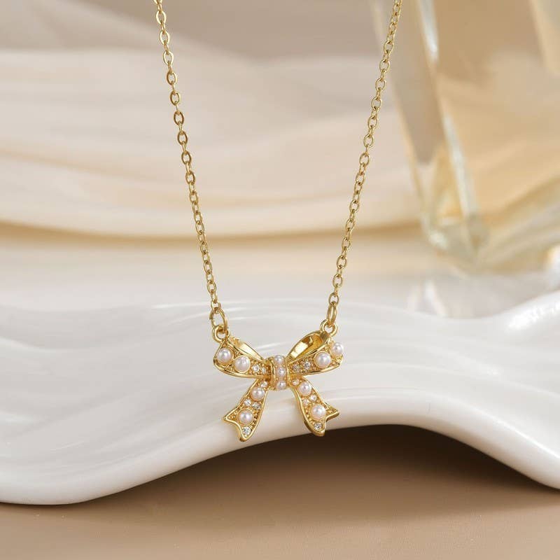 18K STAINLESS STEEL TARNISH FREE BOW NECKLACE | 40NK9492: Gold