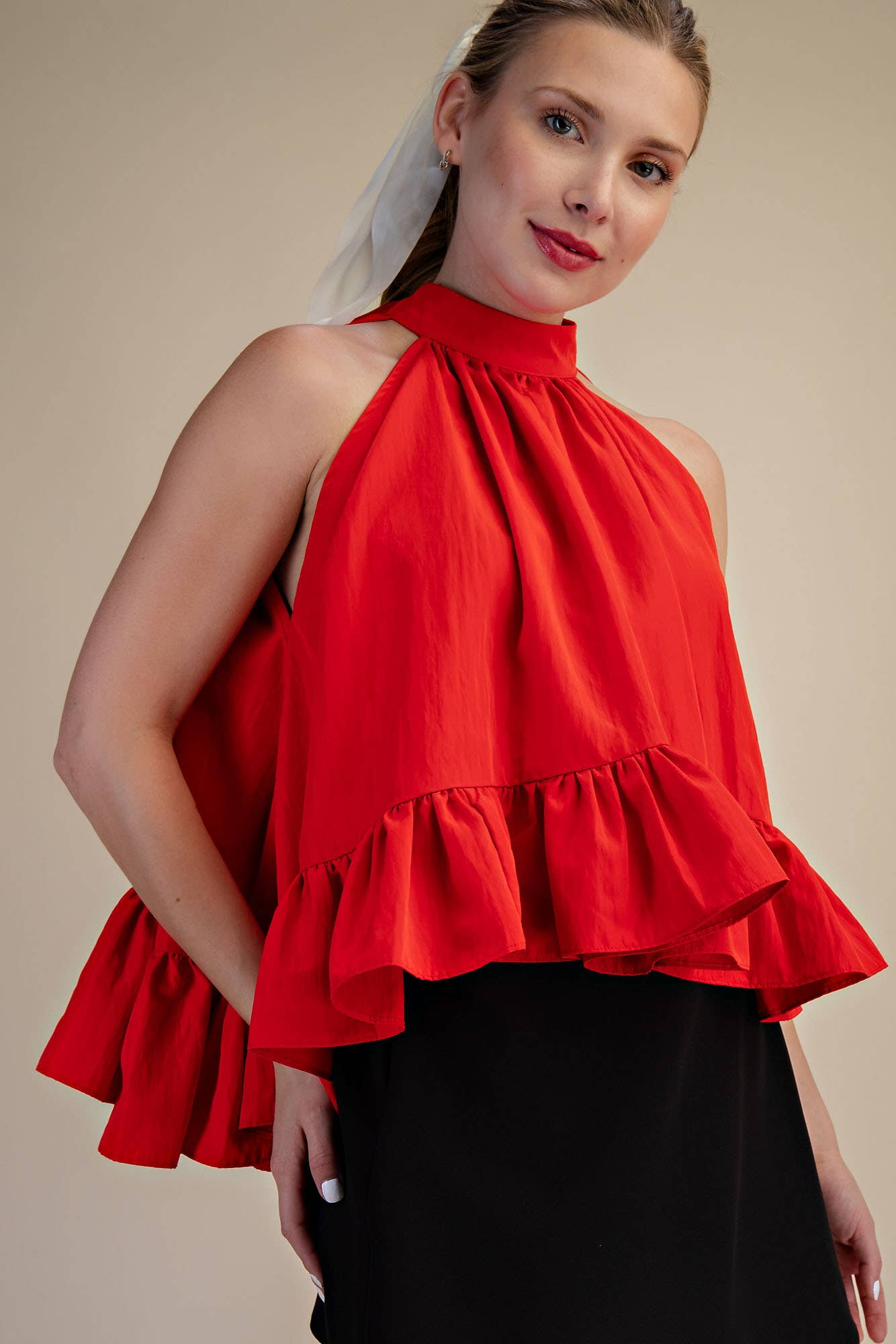 Halter Neck Sleeveless Back Neck Tie Ruffle Top: Hot Pink / S