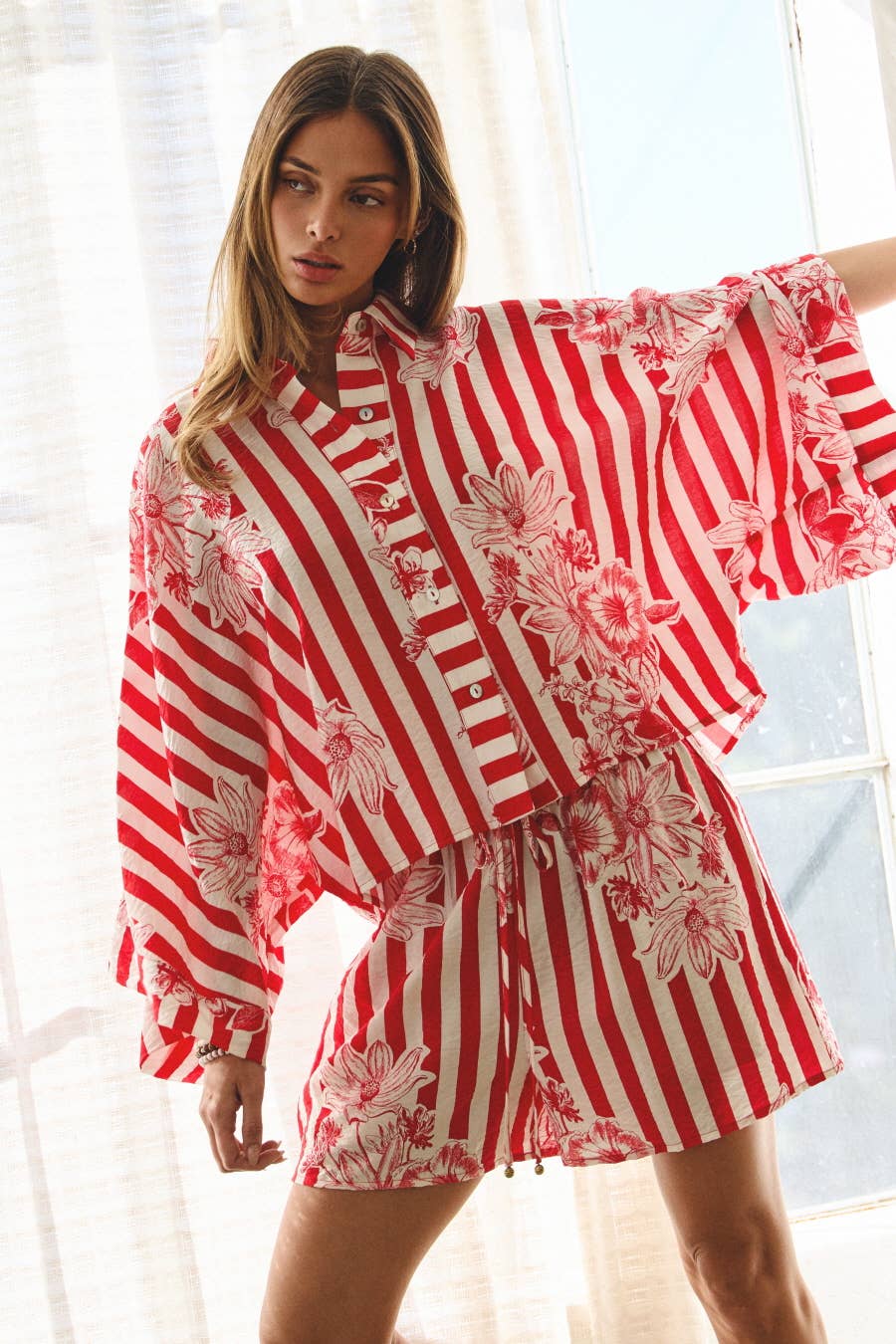 Striped Floral Printed Shirt & Shorts Set: Red Stripe / S