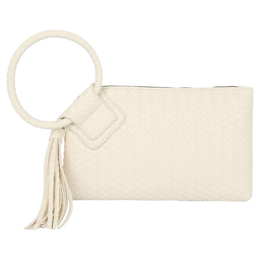 Faux Leather Woven Fringe Cuff Handle Clutch Bag: TN