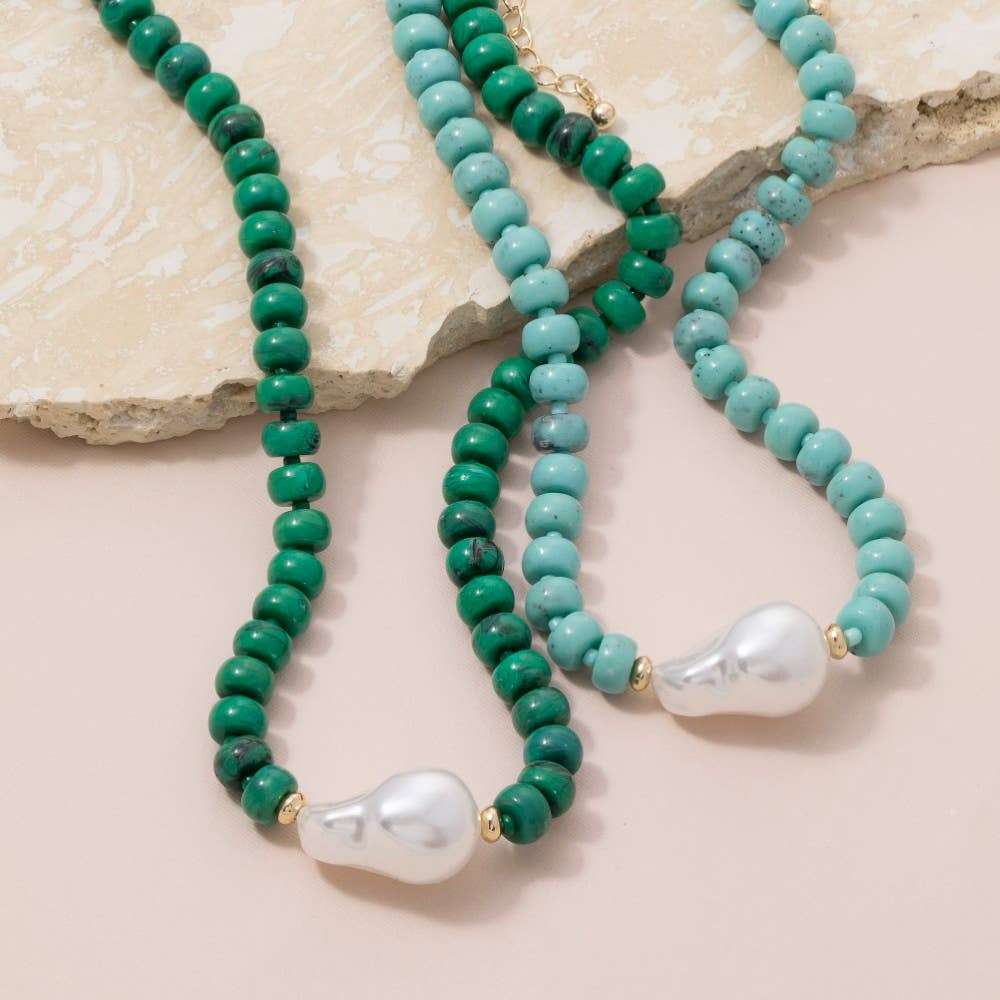 Pearl Pendant Green Stone Beaded Necklace: B