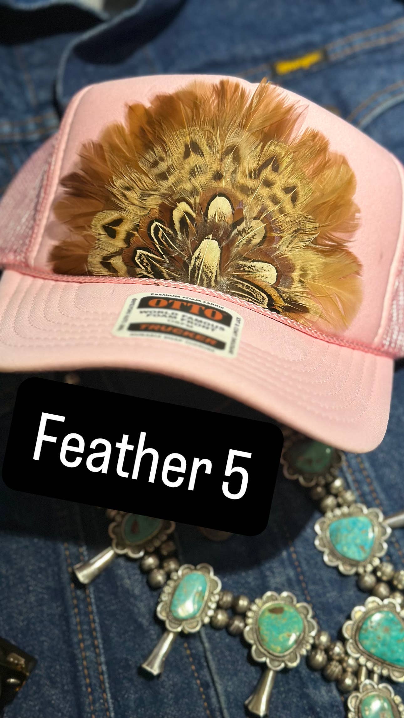 LIGHT PINK FEATHER TRUCKER HAT: No Faux Turquoise / Feather 9