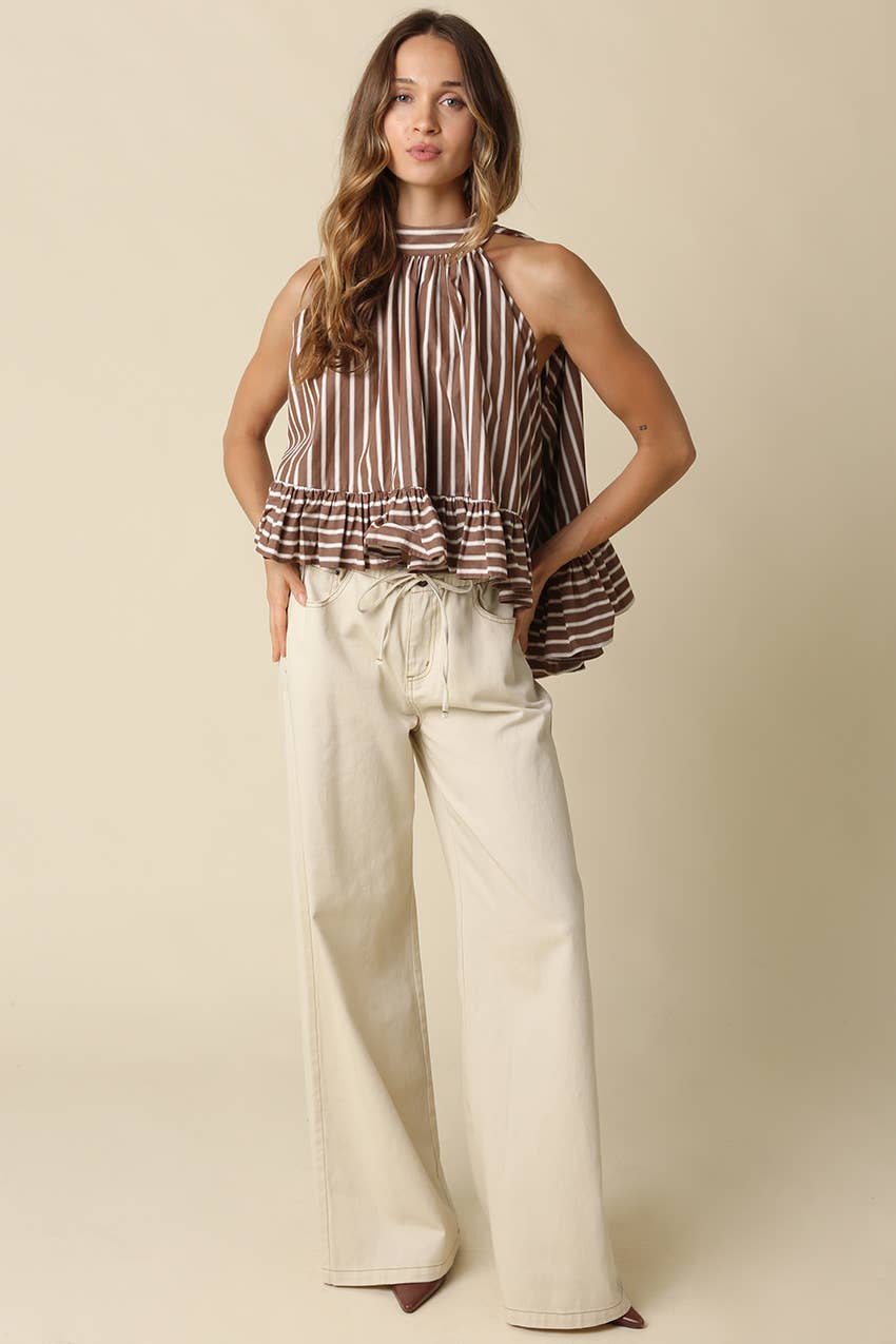 Bea Stripe Halter Ruffle Blouse: Brown / Contemporary / S