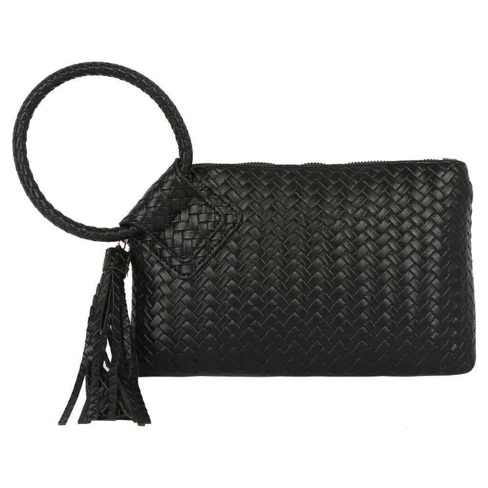 Faux Leather Woven Fringe Cuff Handle Clutch Bag: TN