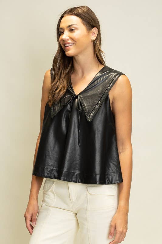 SOT1241 Faux Leather Sailor Collar Top: Black / S-M-L (2-2-2)