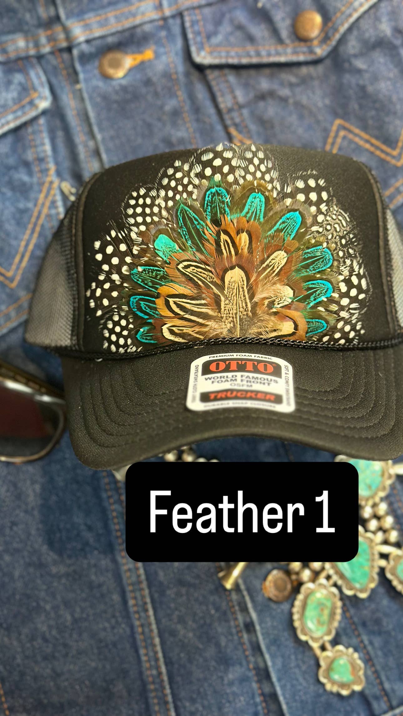 BLACK FEATHER TRUCKER HAT: With Faux Turquoise / Feather 8