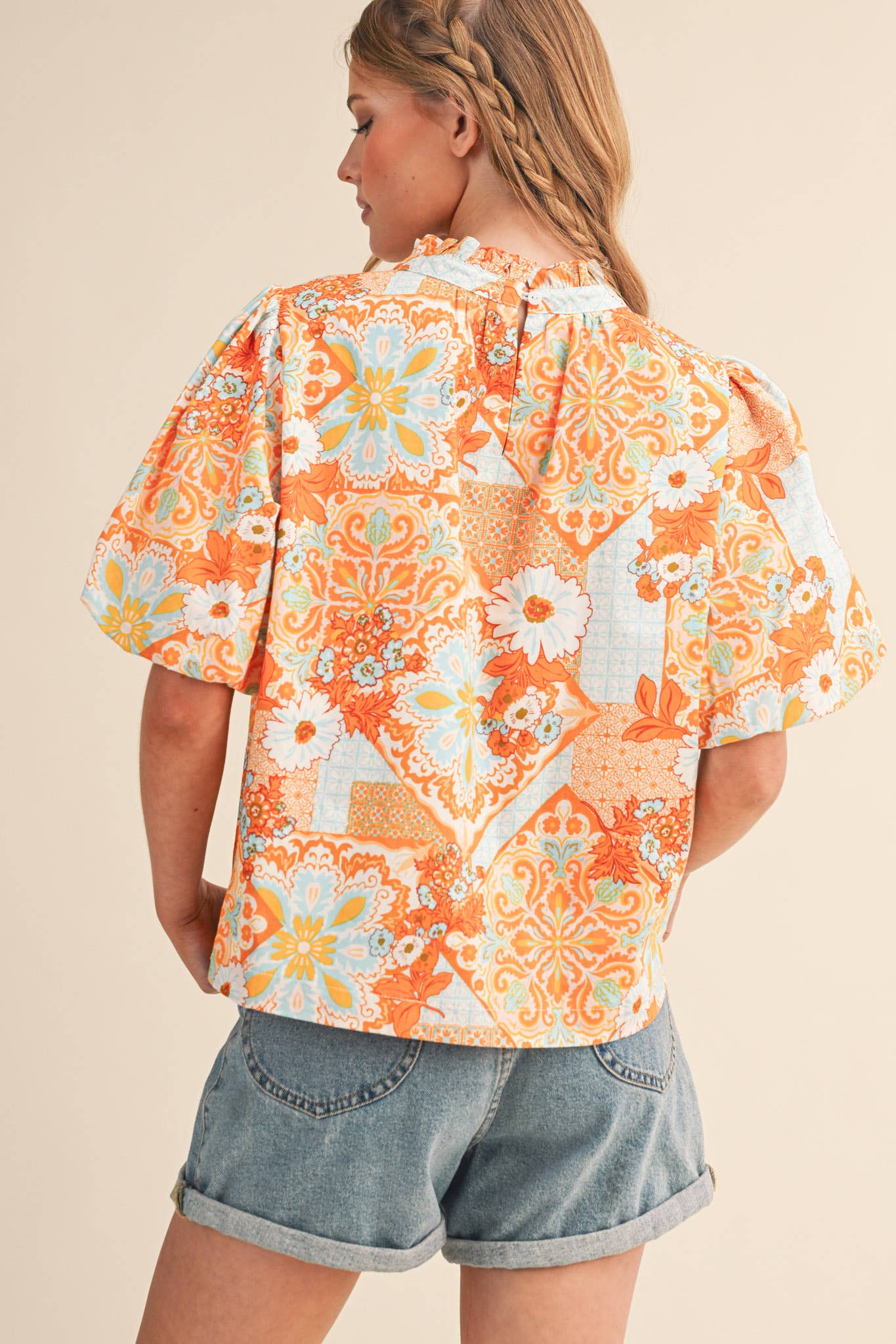 EXCLUSIVE FLORAL PRINT EMBROIDERY TRIM TOP MTP4610: ORANGE MULTI PAISLEY / M